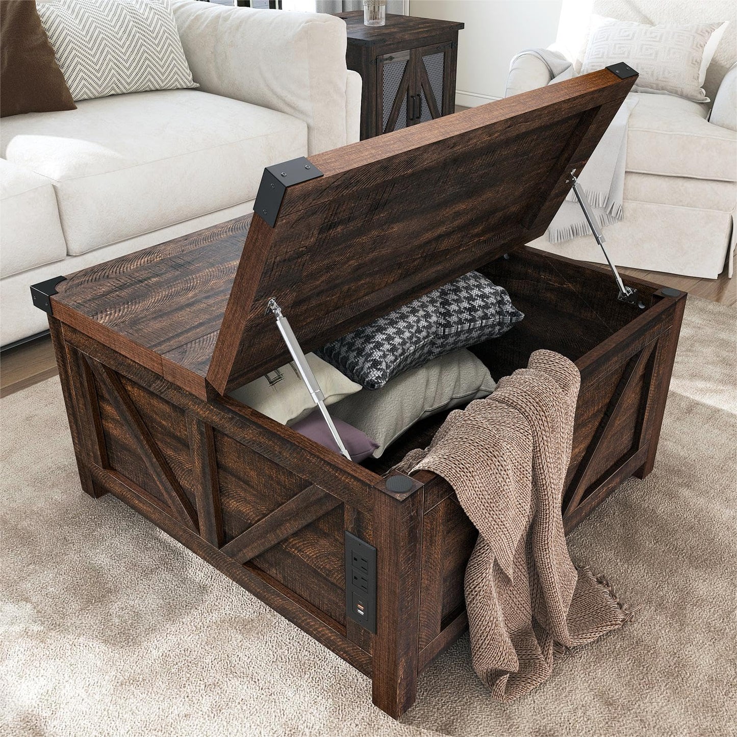 Farmhouse Lift Top Coffee Table with Storage and Charging Station – Brown Wood Square Center Table with USB Ports, Hidden Compartment, and Spacious Storage for Living Room, Bedroom, or Home Office