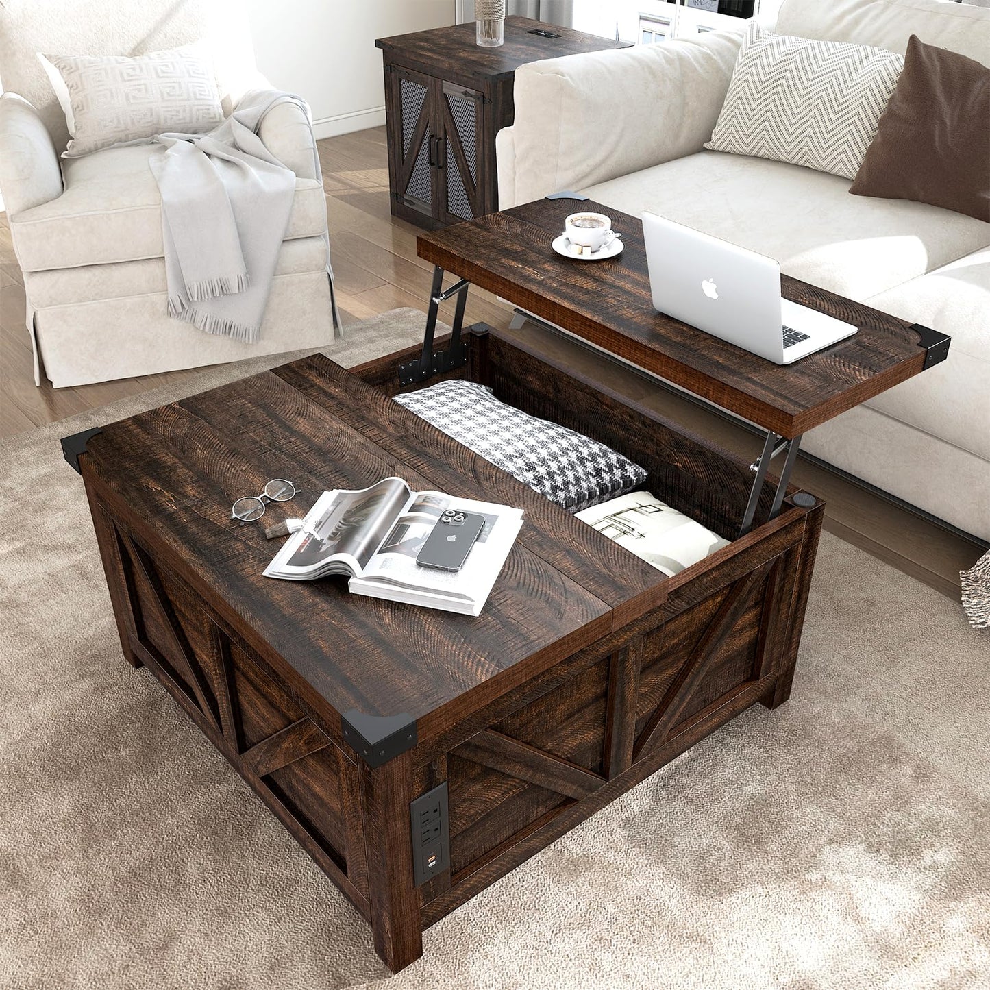 Farmhouse Lift Top Coffee Table with Storage and Charging Station – Brown Wood Square Center Table with USB Ports, Hidden Compartment, and Spacious Storage for Living Room, Bedroom, or Home Office