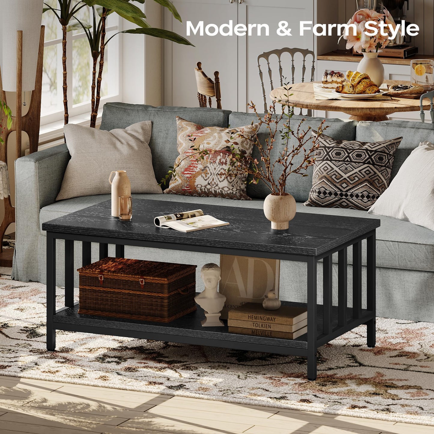 Modern Farmhouse Coffee Table with Slatted Frame, 2-Tier Storage Shelf for Living Room or Office, 39 Inch Black