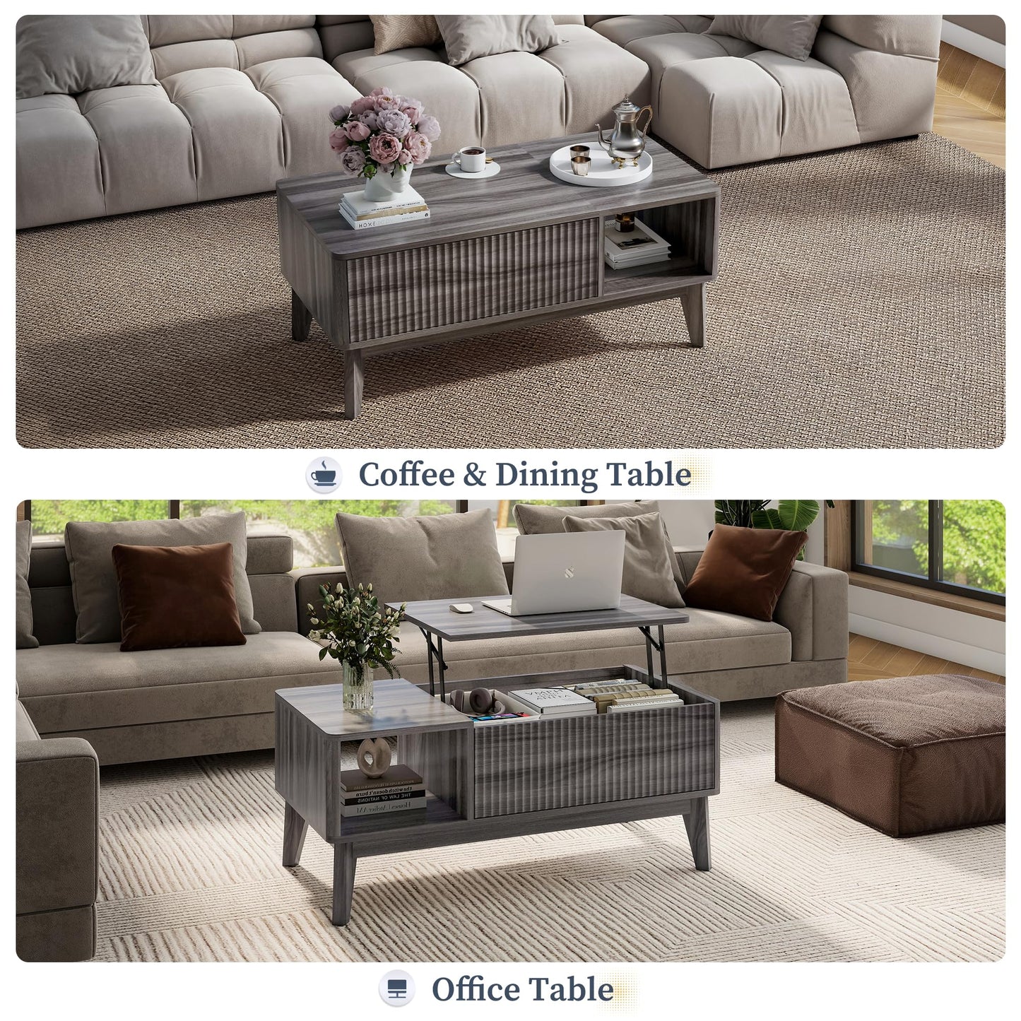 LYNCOHOME Fluted Lift Top Coffee Table with Storage – Modern Center Table for Living Room or Home Office, Grey Finish
