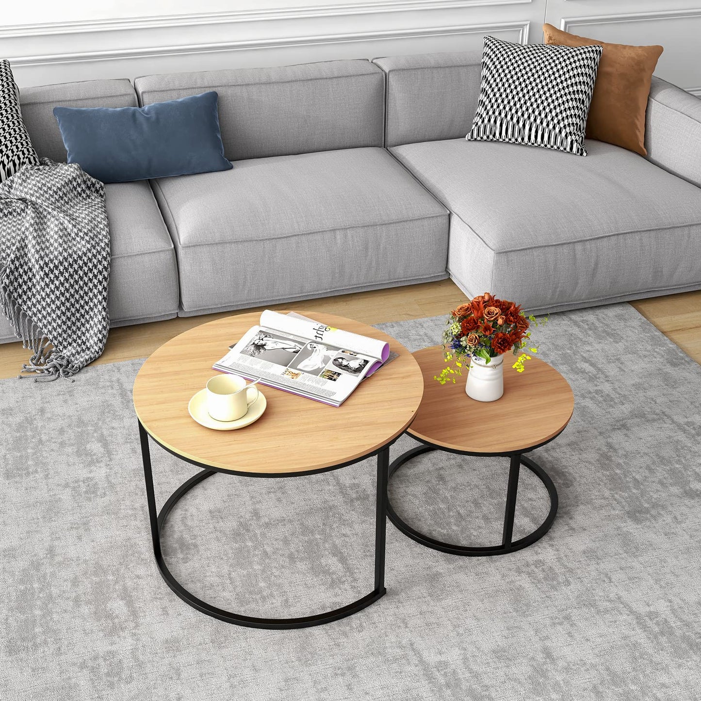 Industrial Round Coffee Table Set of 2, Stacking Side Tables with Wood-Look Top and Metal Frame for Living Room, Black/Teak