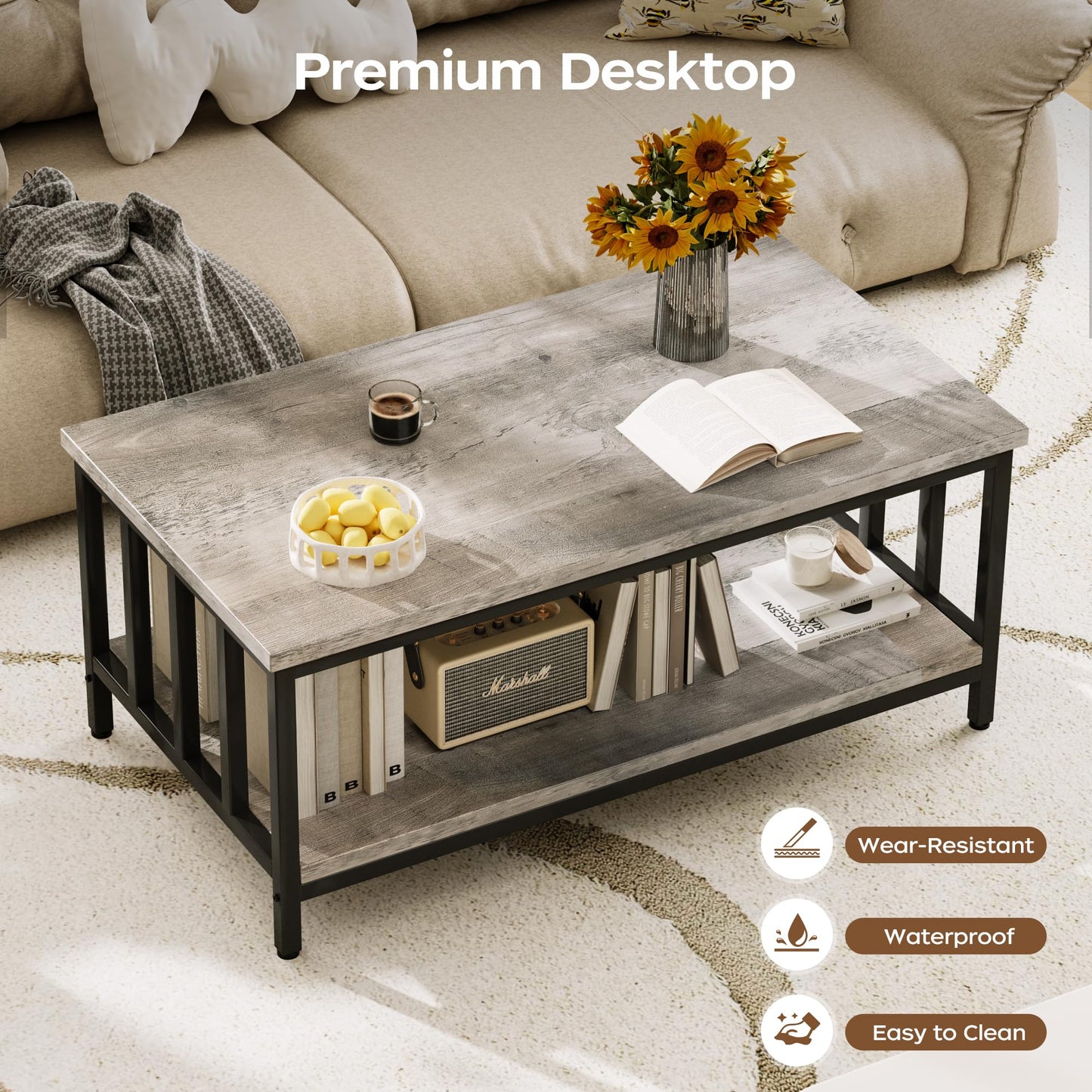 Modern Farmhouse Coffee Table with Slatted Frame, 2-Tier Storage Shelf for Living Room or Office, 39 Inch Grey Wash