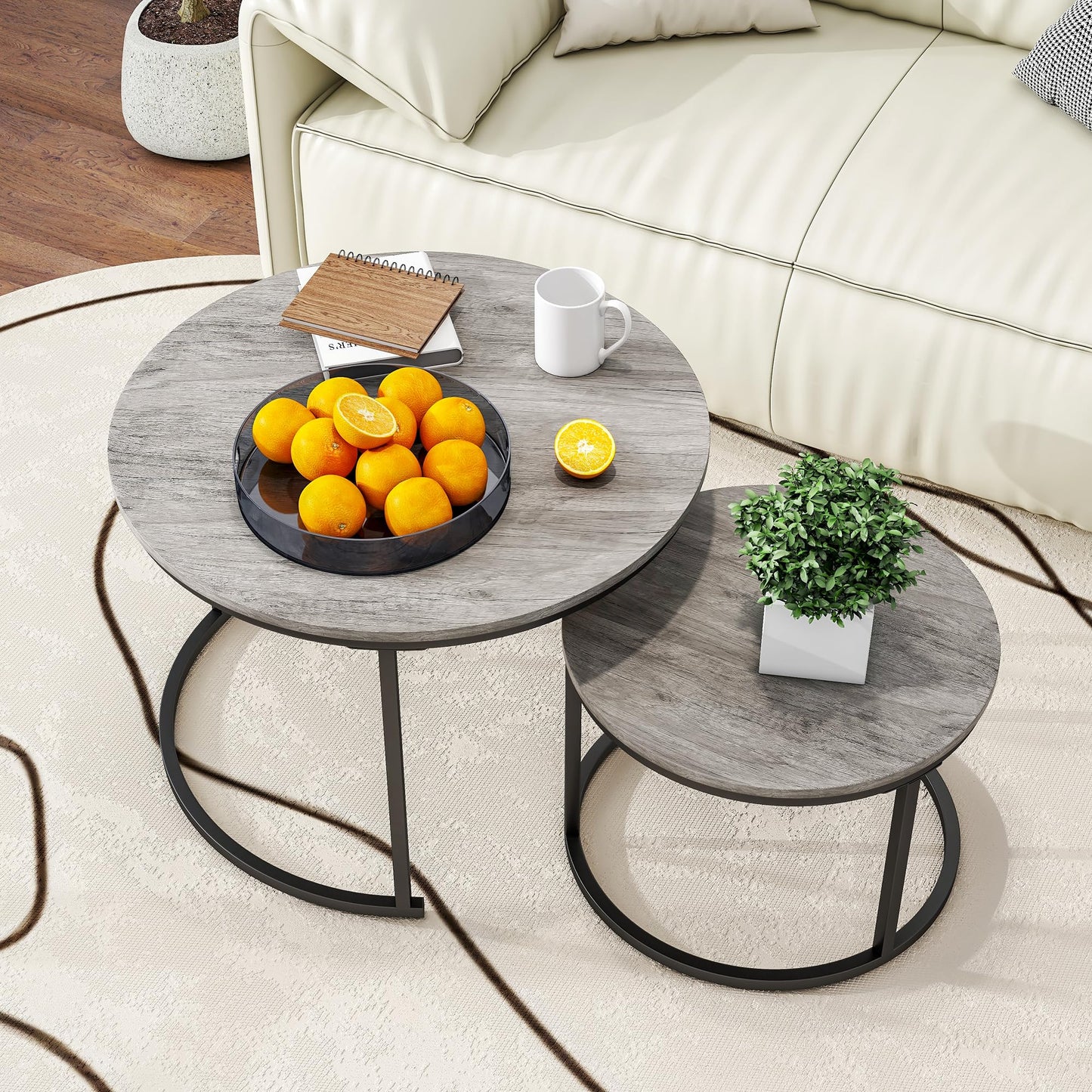 Nesting Round Coffee Table Set of 2, Wooden Accent Tables with Metal Frame for Living Room, Stacking Side Tables, Black/Warm Grey