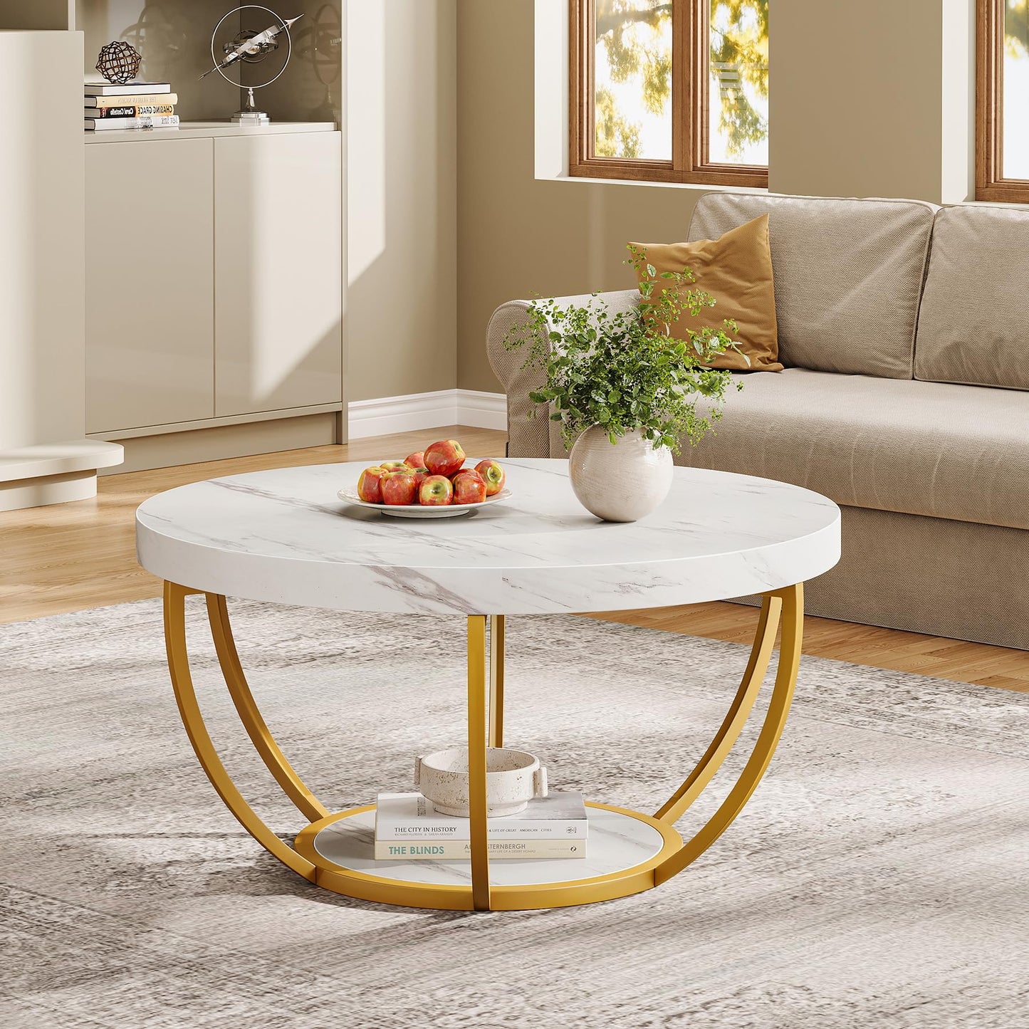 Tribesigns Modern Round Coffee Table, 2-Tier Circle Coffee Table with Faux White Marble Top and Gold Metal Legs, Elegant Accent Center Table for Living Room