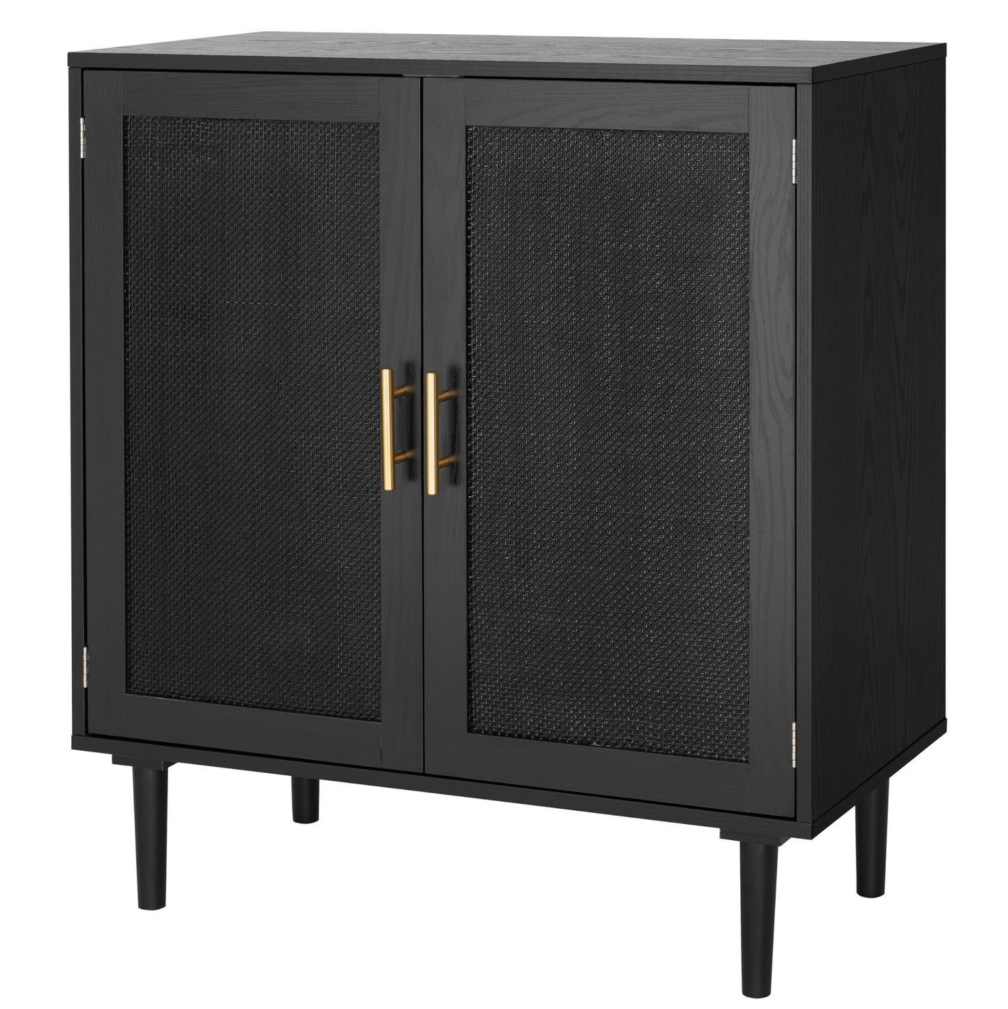 Sideboard Buffet Kitchen Storage Cabinet with Black Painted Rattan Doors, Modern Console Table Cupboard for Dining Room, Hallway, or Living Room, 31.5" x 15.8" x 34.6", Black