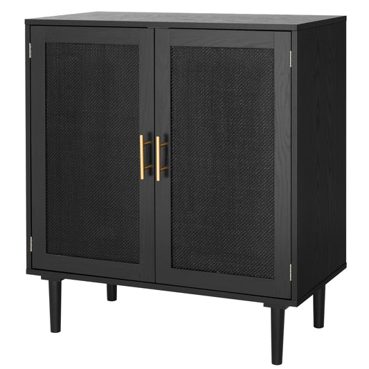Sideboard Buffet Kitchen Storage Cabinet with Black Painted Rattan Doors, Modern Console Table Cupboard for Dining Room, Hallway, or Living Room, 31.5" x 15.8" x 34.6", Black