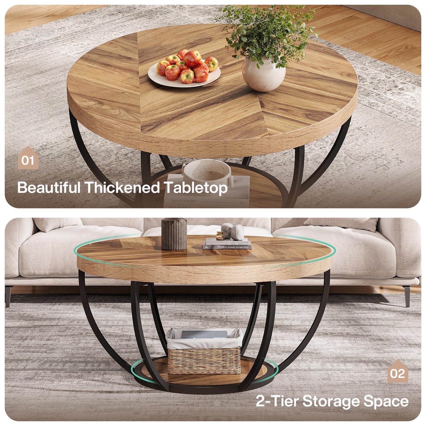 Tribesigns 31.7" Round Industrial Coffee Table, 2-Tier Wood and Black Metal Accent Center Table with Storage Shelves for Living Room or Home Office, Easy Assembly