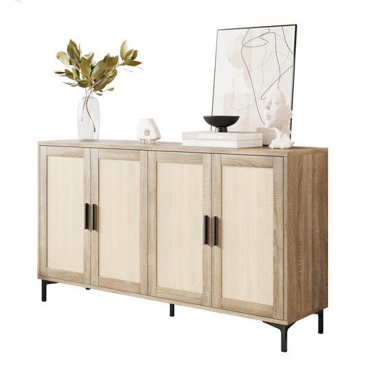 JASIWAY Sideboard - Kitchen Buffet Cabinet with Rattan Decorated Doors, Accent Cabinets with Doors, Coffee Bar Cabinets Rattan Sideboard Buffet Cabinet with Storage (Natural with 4 Doors)