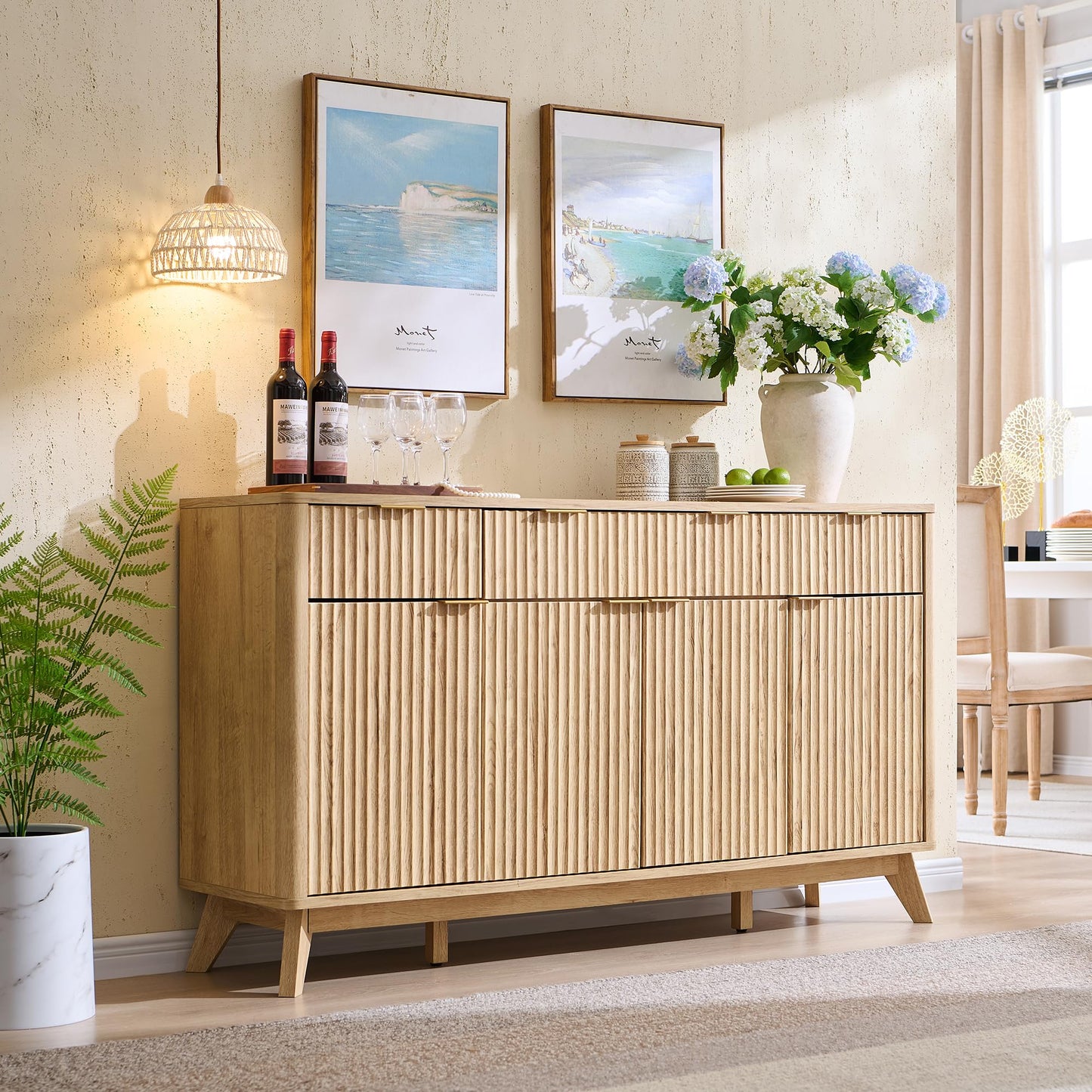 **T4TREAM 60" Fluted Modern Buffet Sideboard Cabinet with Storage, Large Buffet Table with 3 Drawers & 4 Doors for Dining Room, Living Room, or Hallway, Natural Oak**