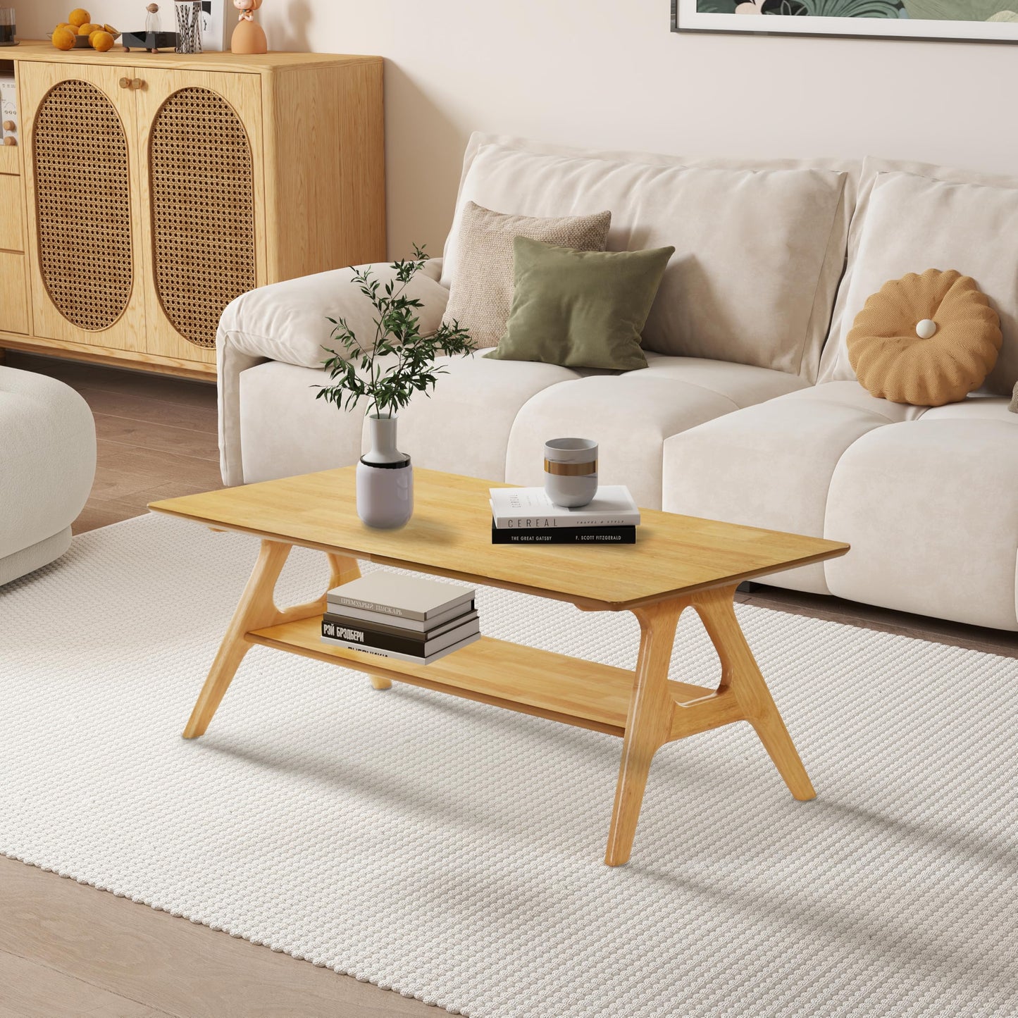 Roundhill Furniture Arona Mid-Century Modern Wood Coffee Table with Shelf – Natural Oak Finish