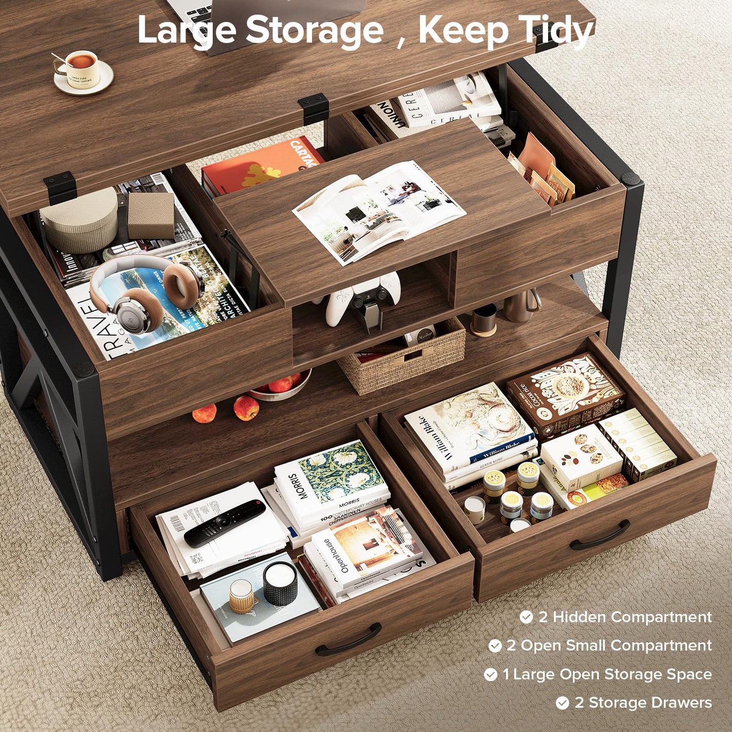 40" Lift Top Coffee Table, 4-in-1 Multi-Functional Farmhouse Coffee Table with Storage Drawers & Hidden Compartment, Lift Tabletop Center Table for Living Room, Walnut