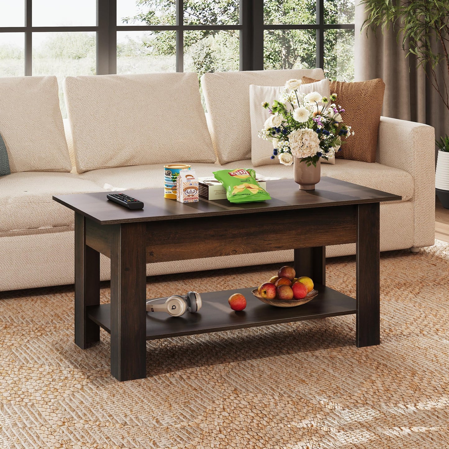 39" Lift Top Coffee Table with Hidden Compartment and Storage Shelf for Living Room or Office, Espresso