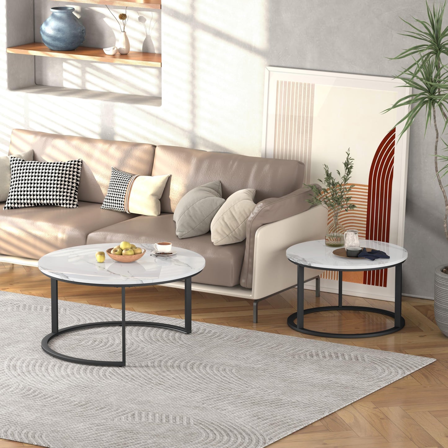 WiberWi Round Nesting Coffee Tables Set of 2 – Large Ø33.5", Small Ø25.7", Modern Metal Frame Circle Tables with High Gloss Faux White Marble Top for Living Room