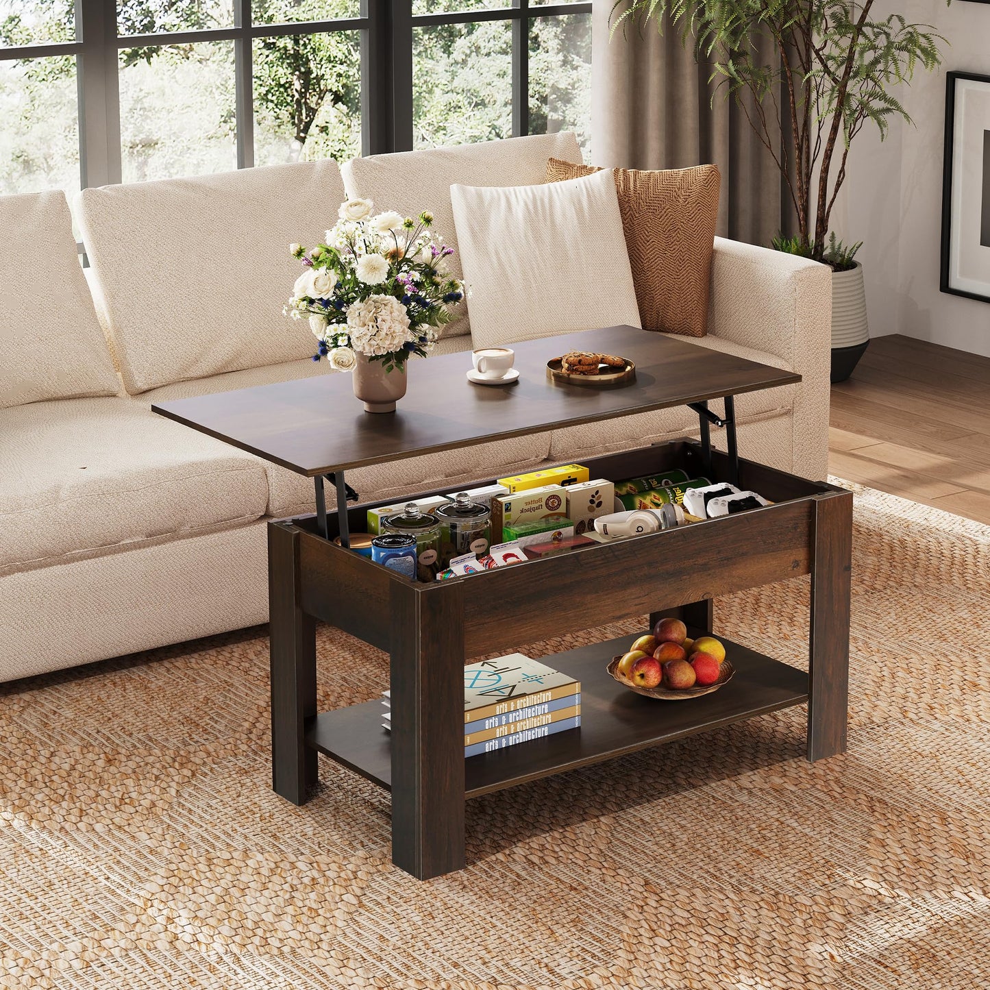 39" Lift Top Coffee Table with Hidden Compartment and Storage Shelf for Living Room or Office, Espresso