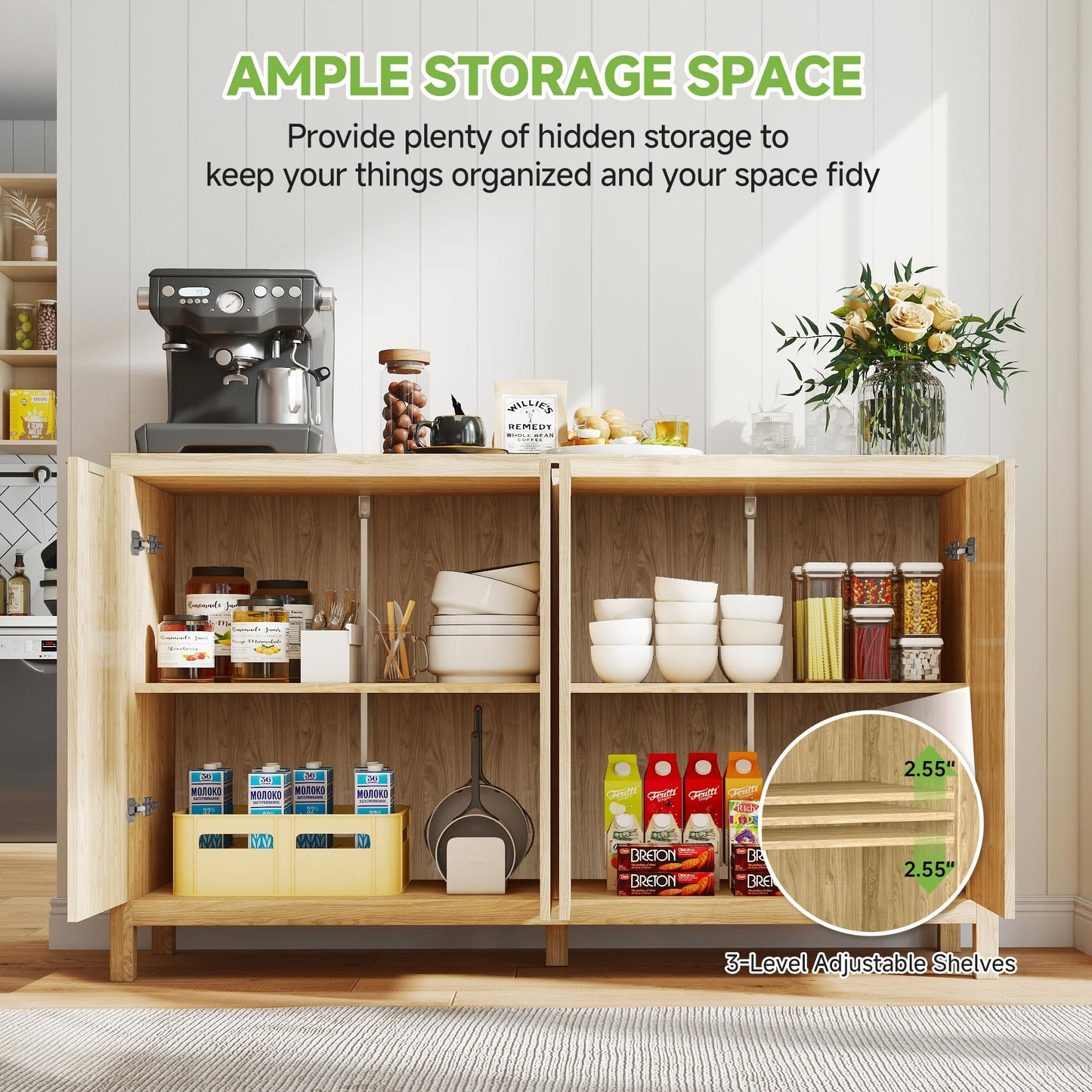 Real Relax Fluted Sideboard Buffet Cabinet with Storage, Modern 55" Credenza with 4 Doors, Adjustable Shelves, Large Coffee Bar Table for Dining Room, Kitchen, Living Room, Natural Oak