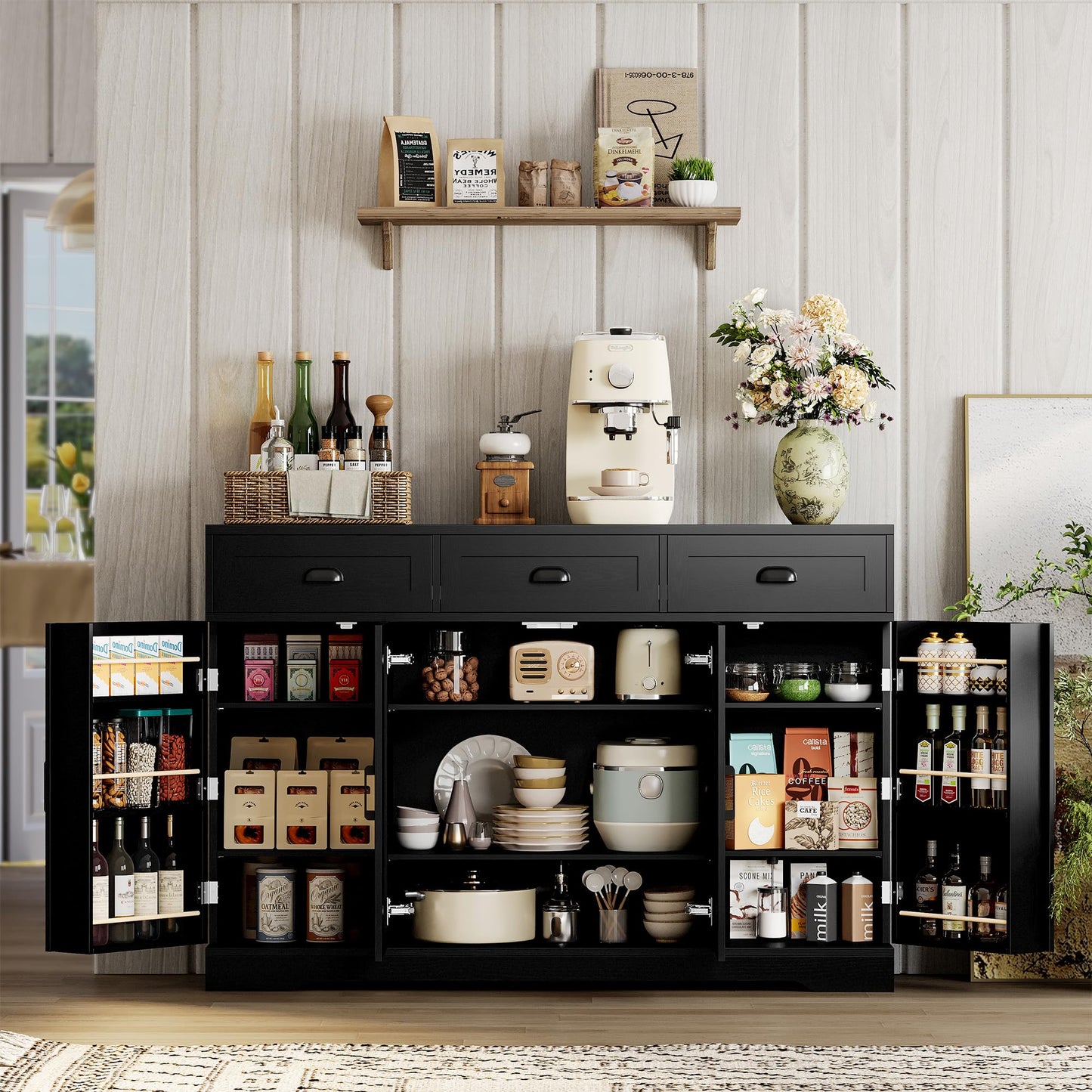 Buffet Cabinet with 4 Doors, 3 Drawers, and 6 Adjustable Shelves, Modern Sideboard Coffee Bar Storage for Kitchen or Dining Room, Black