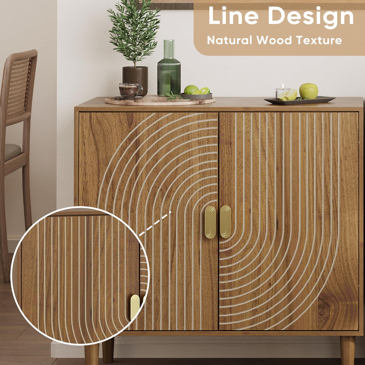 Walnut Sideboard Cabinet with Line Groove Design, Freestanding Wood Buffet Cabinet with Adjustable Shelf for Living Room, Entryway, or Hallway