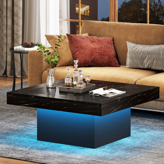 Tribesigns Square LED Coffee Table – Faux Black Marble & Black Engineered Wood Low Center Table for Living Room
