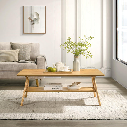 Roundhill Furniture Arona Mid-Century Modern Wood Coffee Table with Shelf – Natural Oak Finish