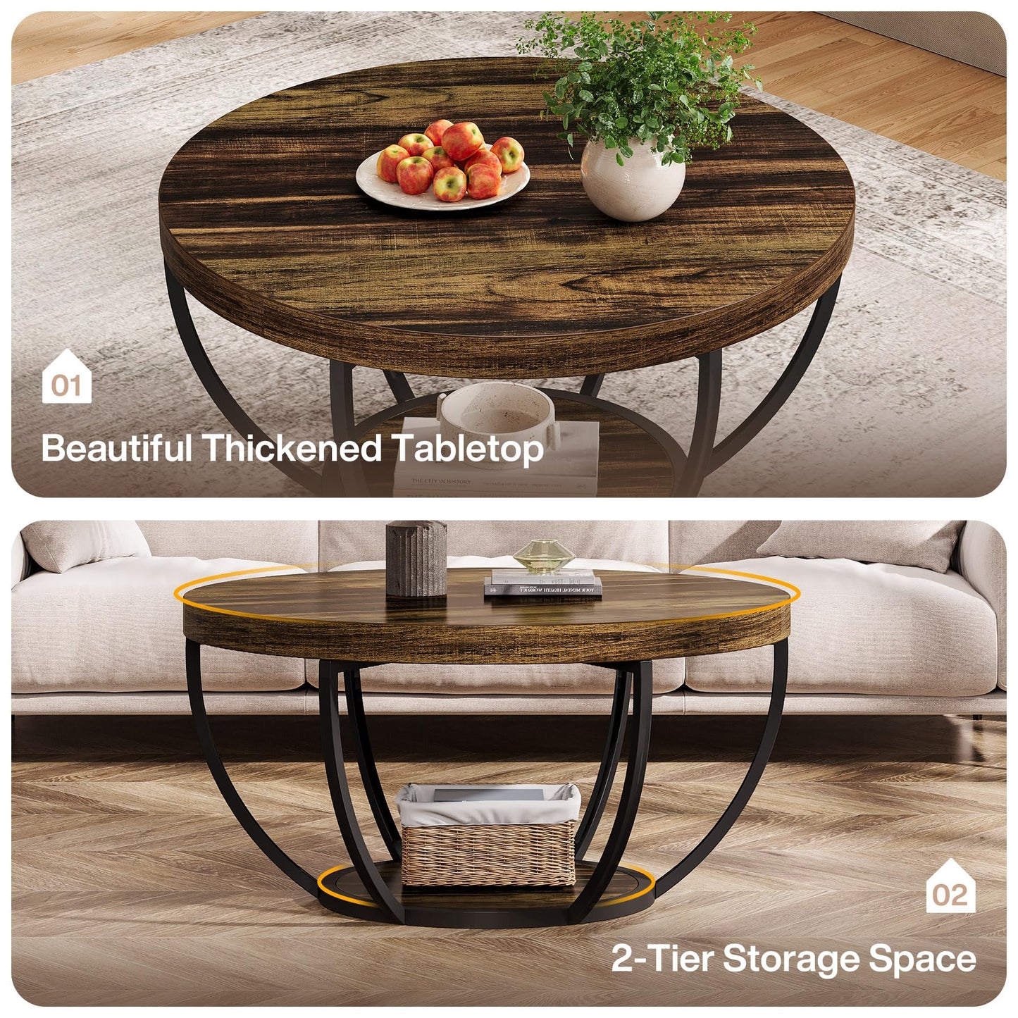 Tribesigns 31.7" Round Coffee Table, Modern 2-Tier Wooden Circle Coffee Table with Storage Shelves, Rustic Brown Accent Cocktail Center Table for Living Room