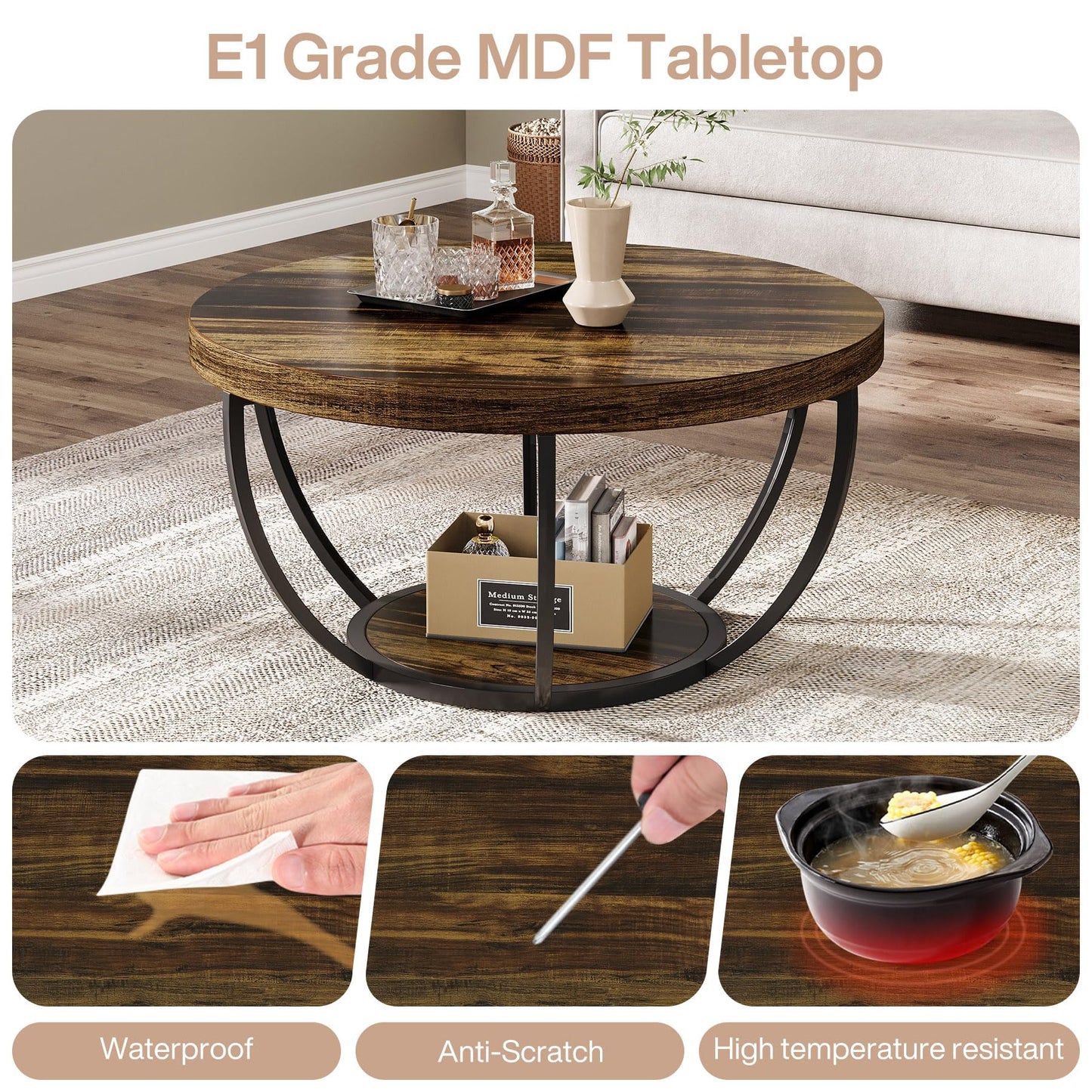 Tribesigns 31.7" Round Coffee Table, Modern 2-Tier Wooden Circle Coffee Table with Storage Shelves, Rustic Brown Accent Cocktail Center Table for Living Room