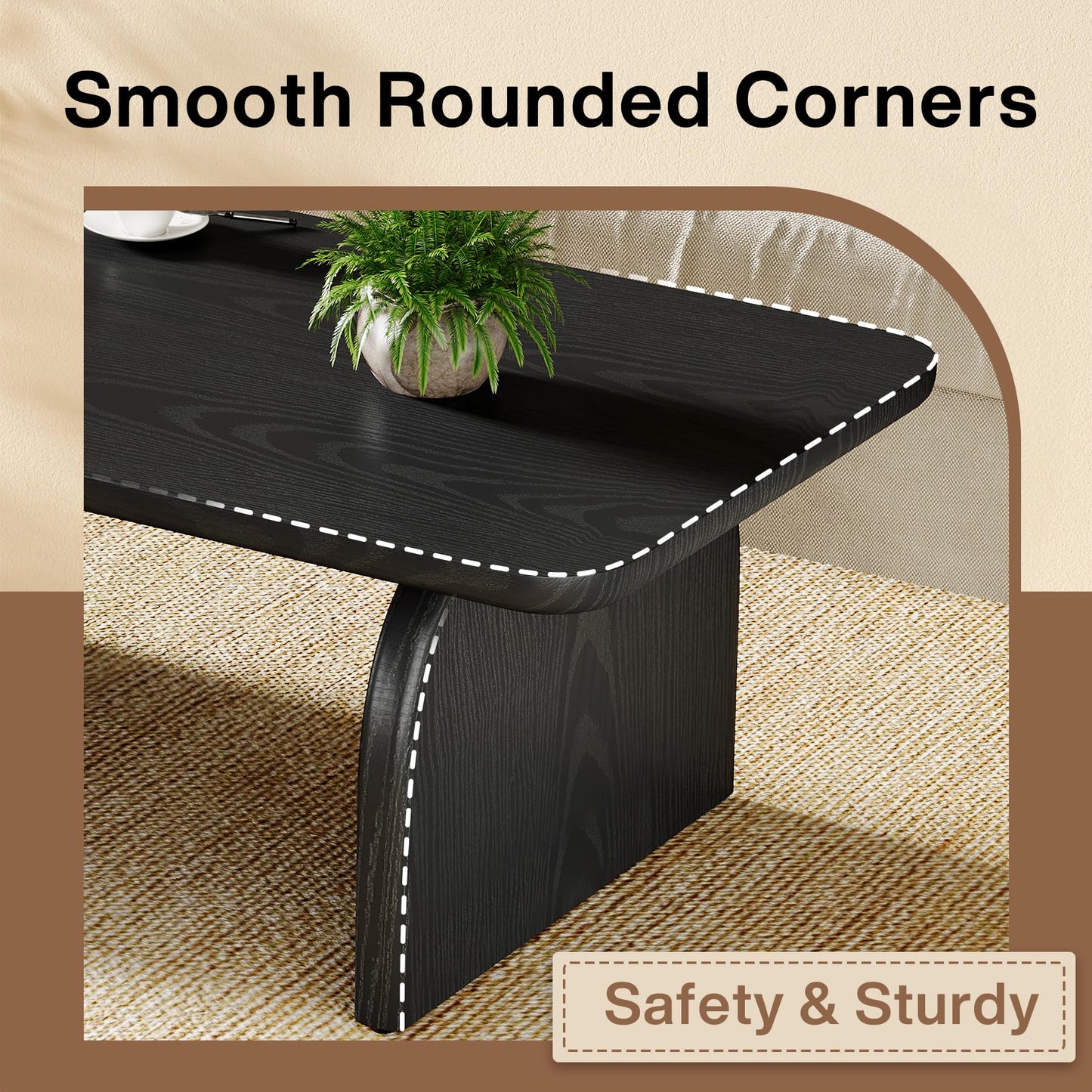 Rectangle Wood Coffee Table, 47-Inch Farmhouse Accent Center Table with Sturdy Base and Rounded Corners, Black