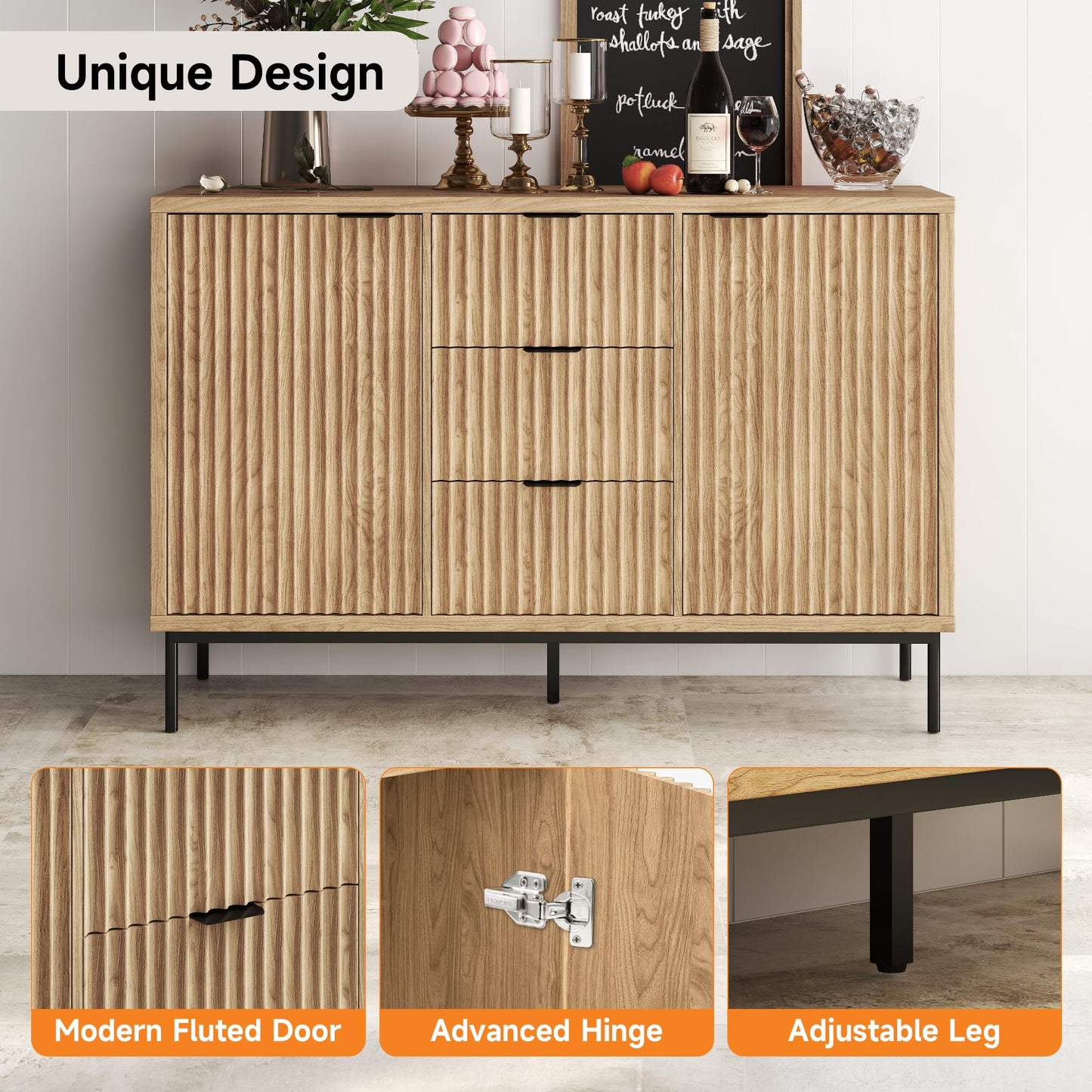 **Fluted Buffet Cabinet with Storage, Modern Sideboard with 2 Doors, 3 Drawers, and Adjustable Shelf, Coffee Bar Cabinet Credenza Buffet Table for Kitchen and Living Room, Oak**