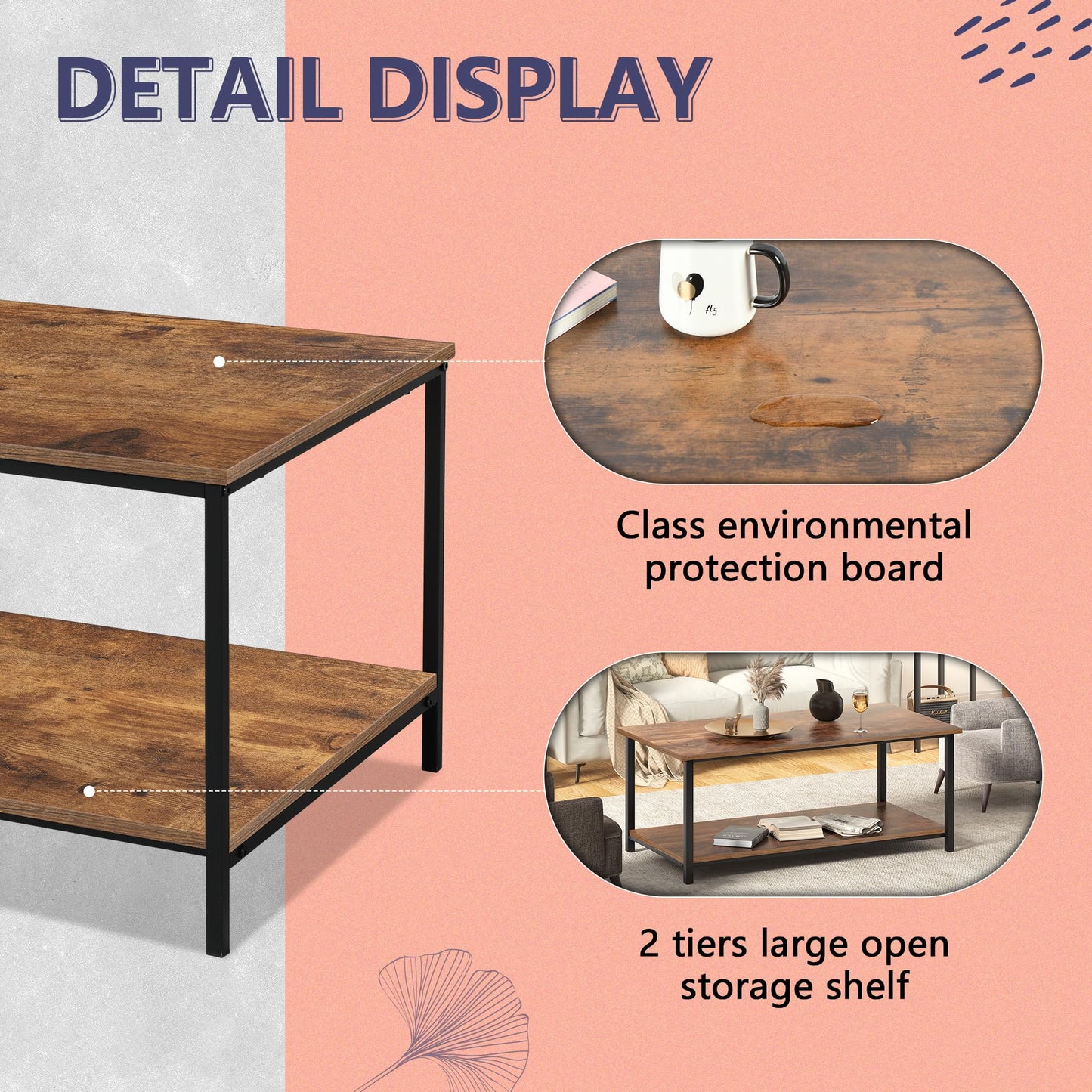 2-Tier Coffee Table with Storage Shelf, Brown Wood and Metal Frame Rectangle Table for Living Room, 39.3"x20"x16"