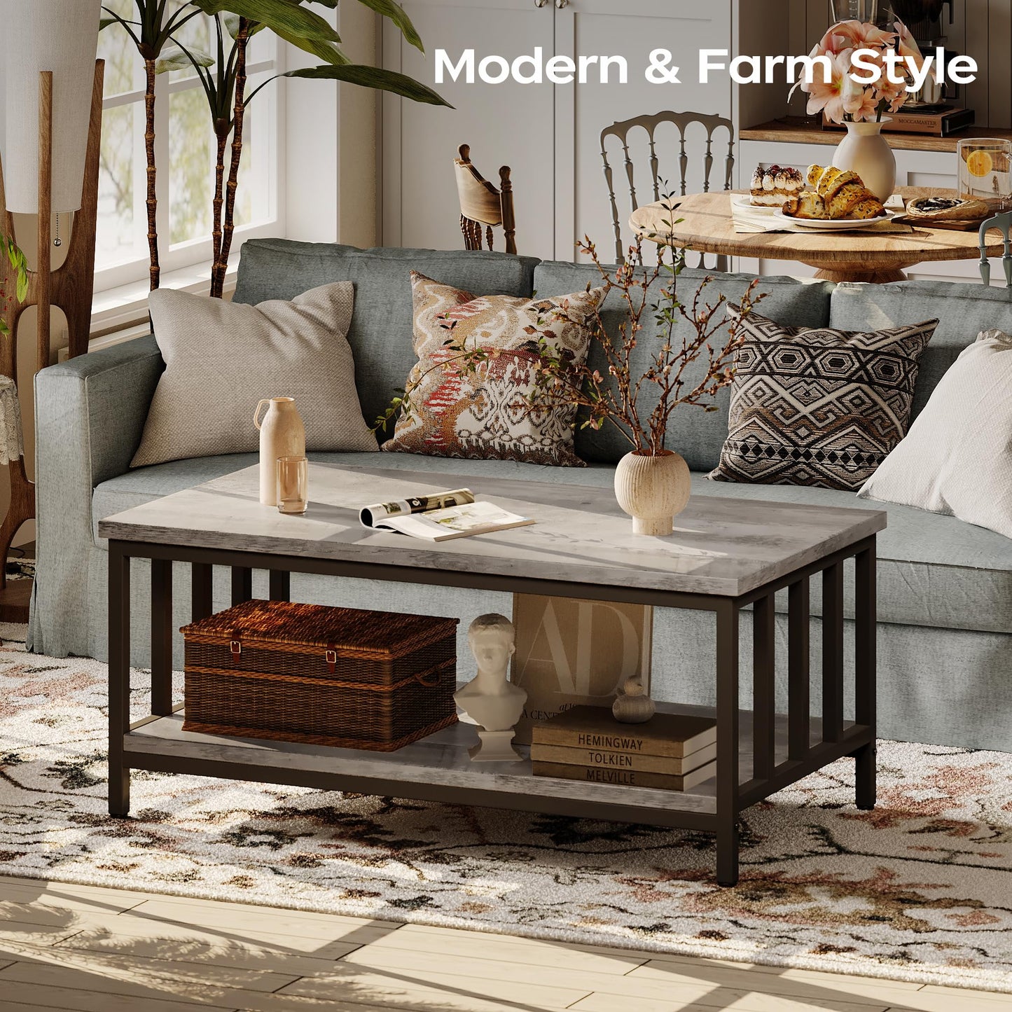 Modern Farmhouse Coffee Table with Slatted Frame, 2-Tier Storage Shelf for Living Room or Office, 39 Inch Grey Wash