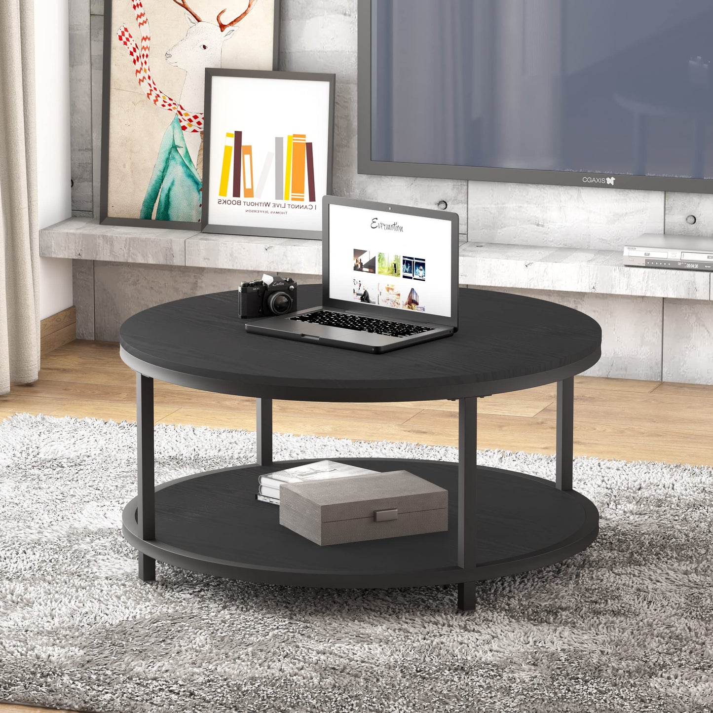 NSdirect 36" Round Coffee Table for Living Room – Rustic Black Oak Wooden Top with Sturdy Metal Legs, 2-Tier Industrial Sofa Table with Open Storage Shelf, Modern Home Furniture