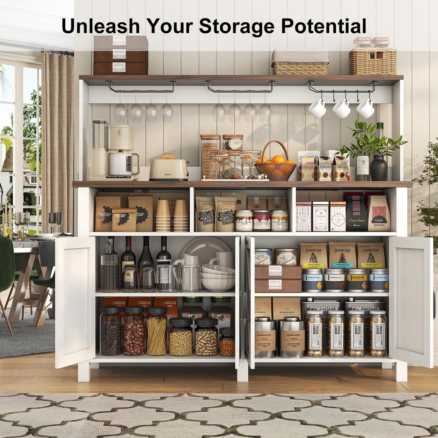 **Buffet Sideboard with Storage Hutch, 4-Door Farmhouse Kitchen Cabinet with Power Outlets, Wood Coffee Bar Cabinet with Goblet Holder and Cup Hooks for Kitchen, Dining Room, or Entryway**