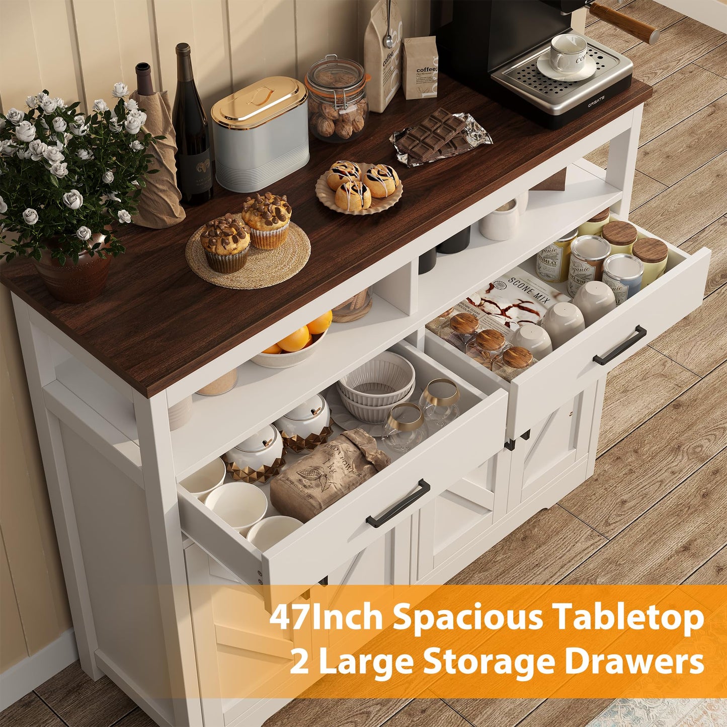 **47" Farmhouse Buffet Sideboard with Storage, 4-Door Kitchen Cabinet with Shelves, Wood Coffee Bar Cabinet for Kitchen, Dining Room, or Entryway**