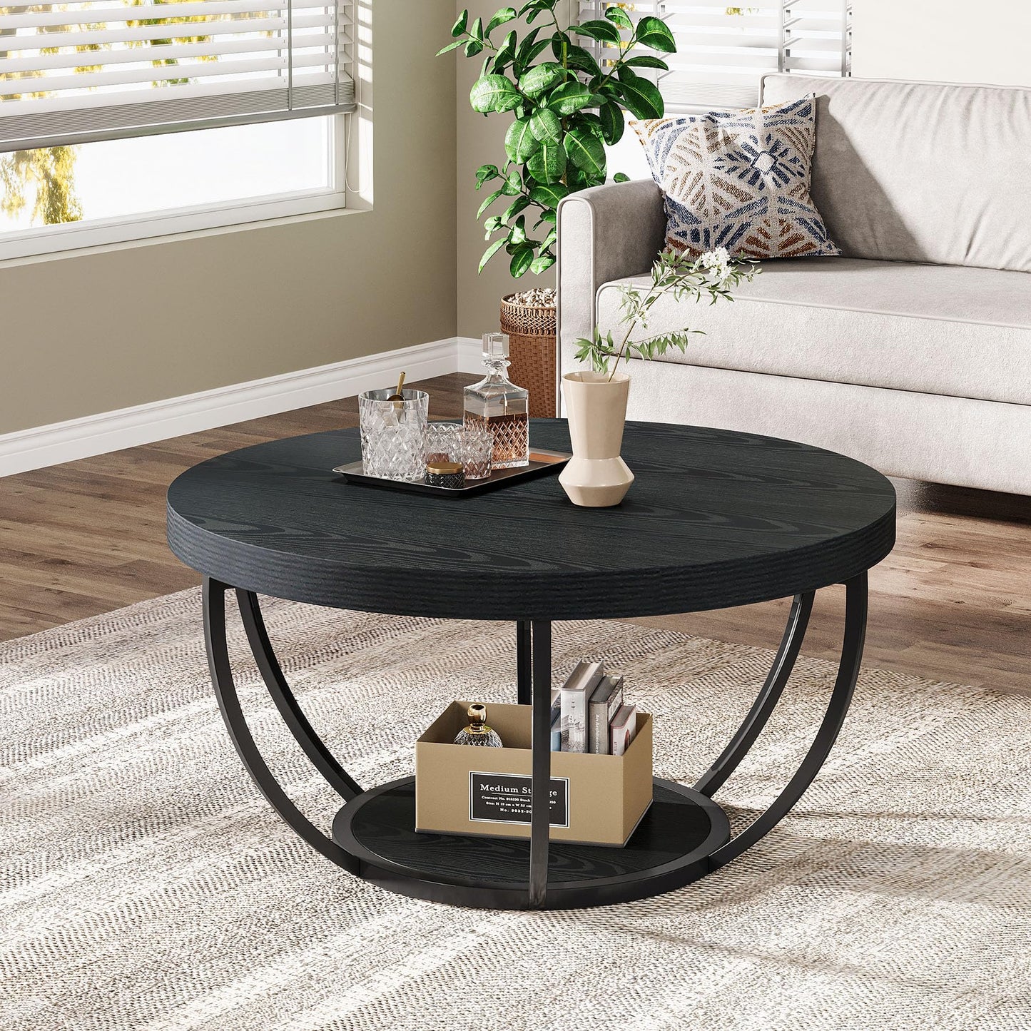 Tribesigns Black Round Coffee Table, 31.7" Modern 2-Tier Circle Coffee Table with Storage Shelves, Accent Cocktail Table Center Table for Living Room
