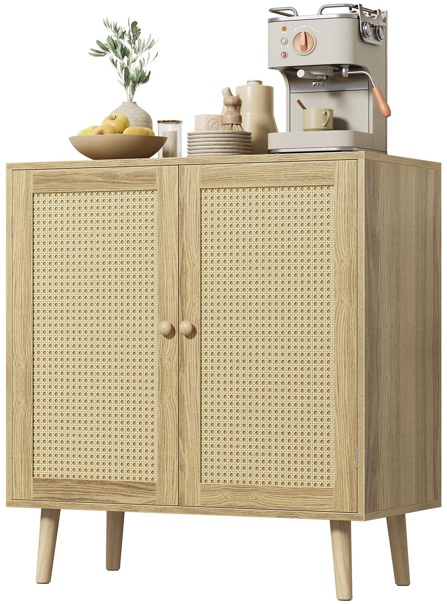 **Huuger Buffet Cabinet with Storage, PE Rattan Decor Doors, Solid Wood Feet Accent Sideboard for Hallway, Entryway, or Living Room, Natural**