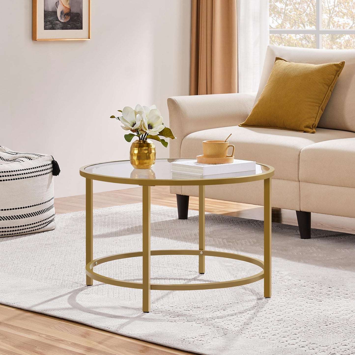 27.6" Round Glass Coffee Table with Gold Metal Frame for Living Room, Office, or Apartment