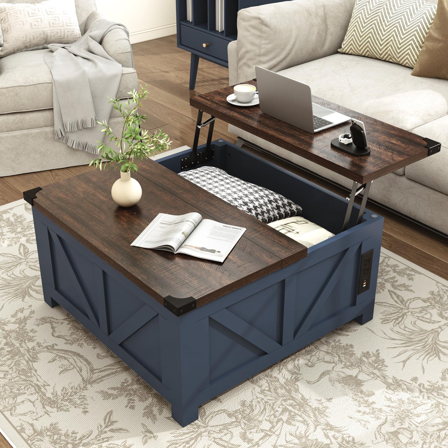 Farmhouse Lift Top Coffee Table with Storage and Charging Station – Blue Wood Square Center Table with USB Ports, Hidden Compartment, and Spacious Storage for Living Room, Bedroom, or Home Office
