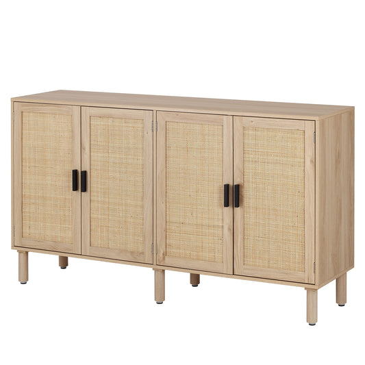 4-Door Sideboard Buffet Cabinet with Rattan Doors, Boho Kitchen Storage Console Table and Liquor Cabinet for Home Bar or Dining Room, 62.3" x 15.7" x 34.6", Natural