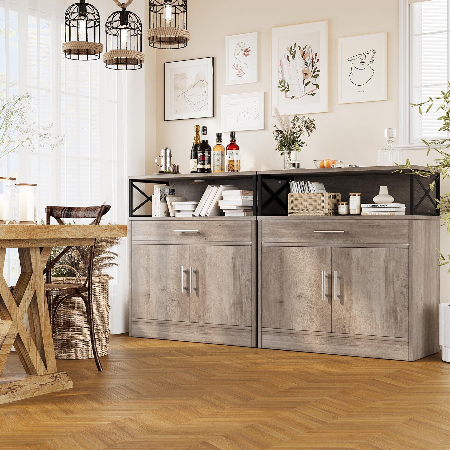 31" Modern Sideboard Buffet Cabinet with Adjustable Shelf, Wood Farmhouse Coffee Bar Storage for Kitchen or Dining Room, Ash Grey