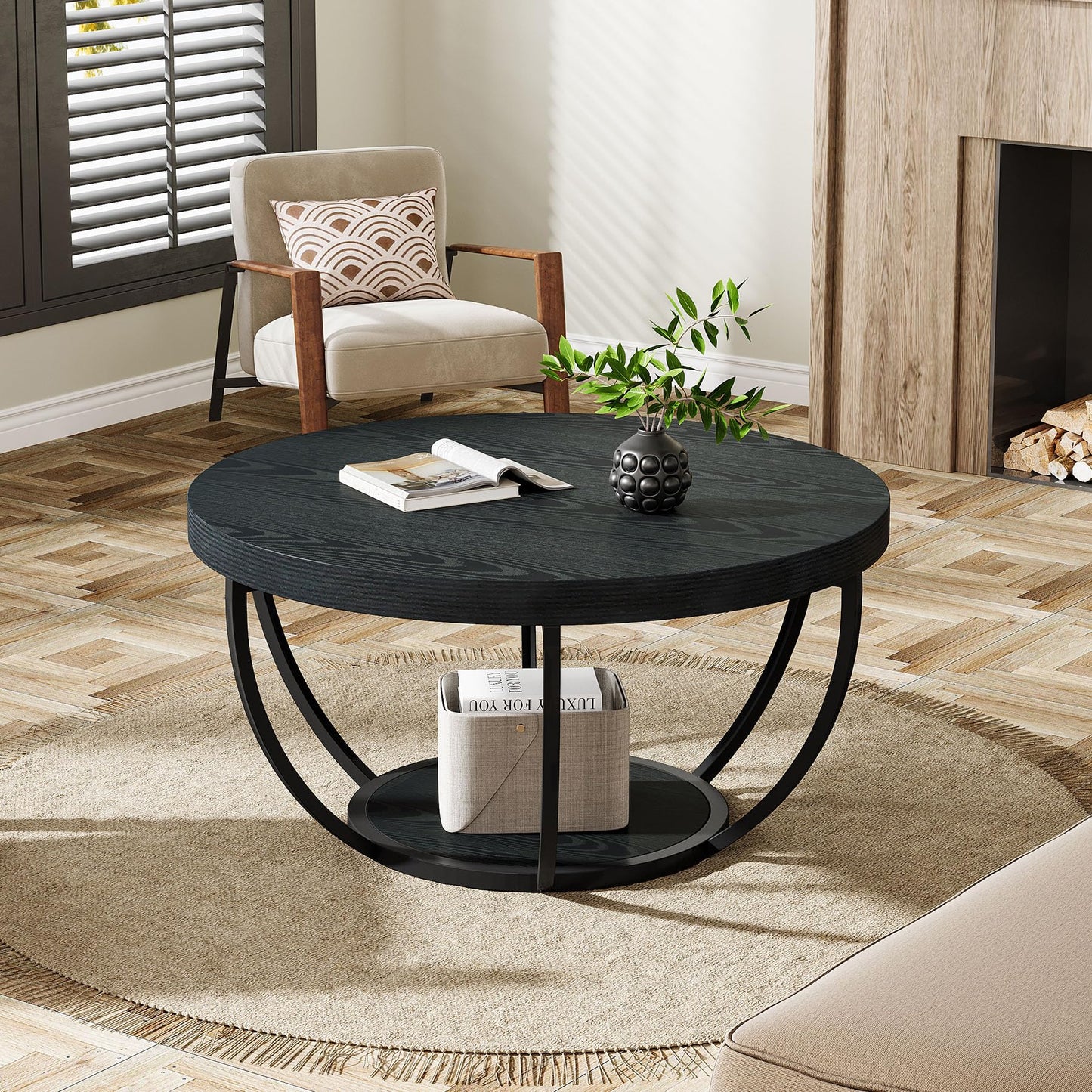 Tribesigns Black Round Coffee Table, 31.7" Modern 2-Tier Circle Coffee Table with Storage Shelves, Accent Cocktail Table Center Table for Living Room
