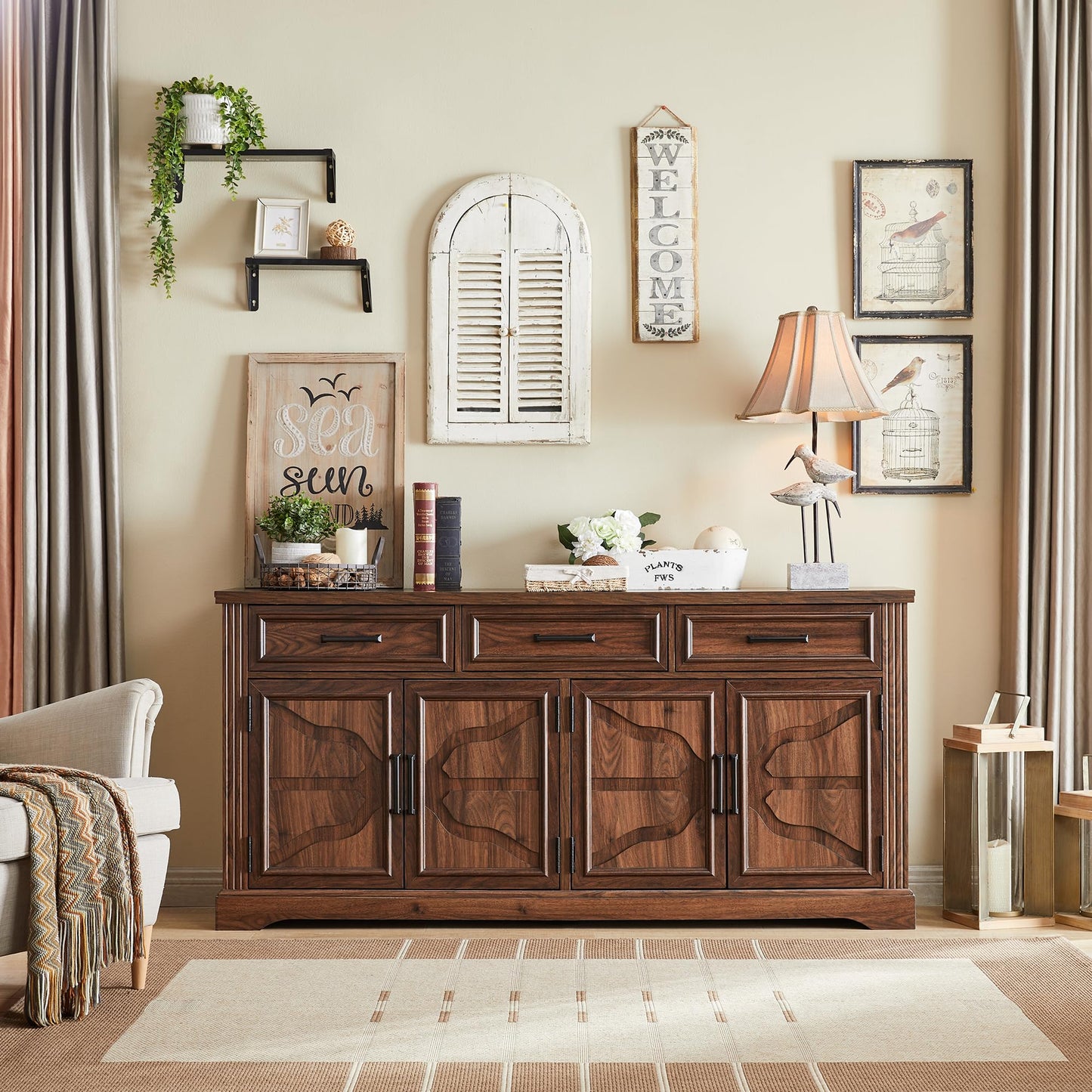 **66" Large Buffet Sideboard Cabinet with 4 Doors and 3 Drawers, Coffee Bar Wine Bar Storage Cabinet for Dining Room, Living Room, or Hallway, Dark Brown**