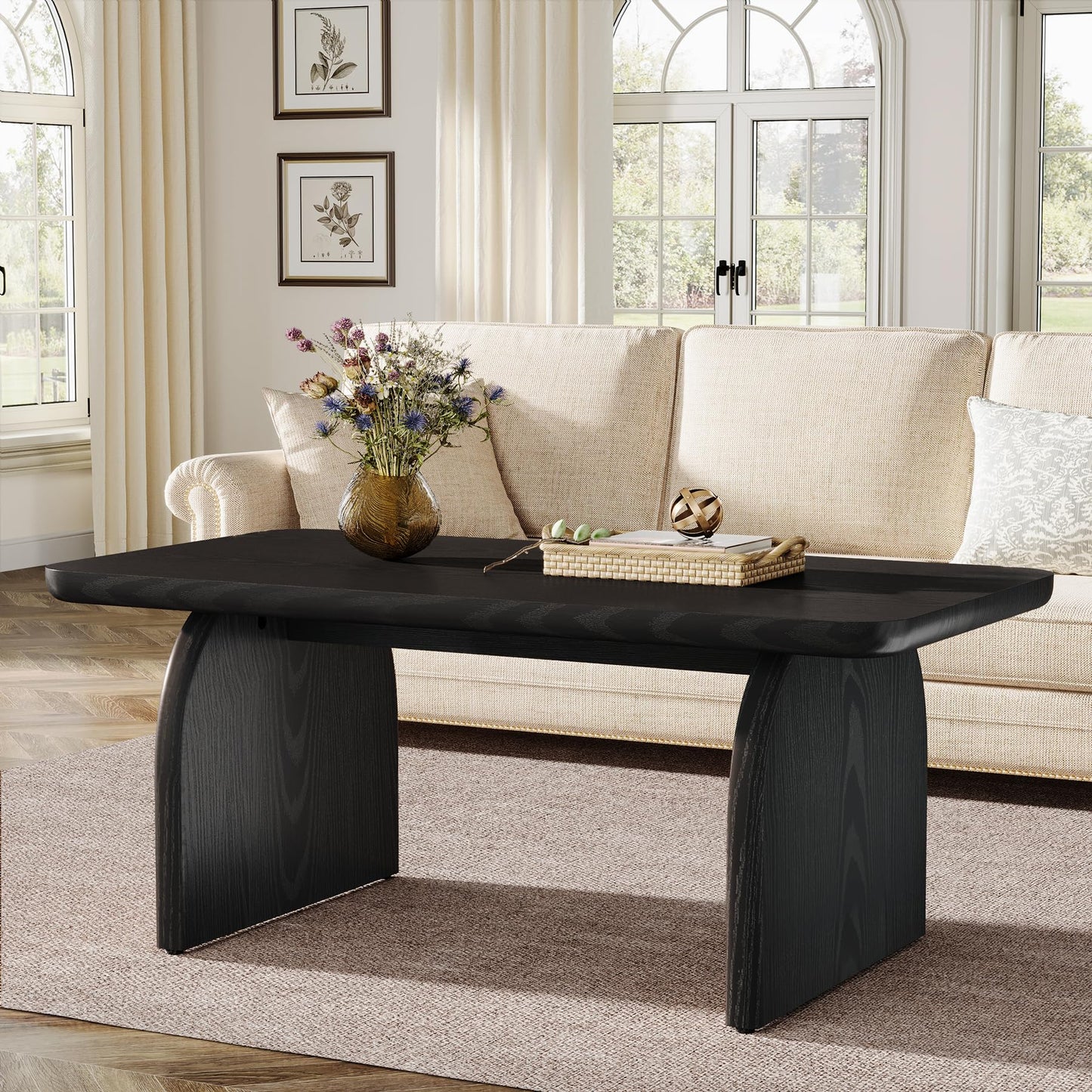 Rectangle Wood Coffee Table, 47-Inch Farmhouse Accent Center Table with Sturdy Base and Rounded Corners, Black