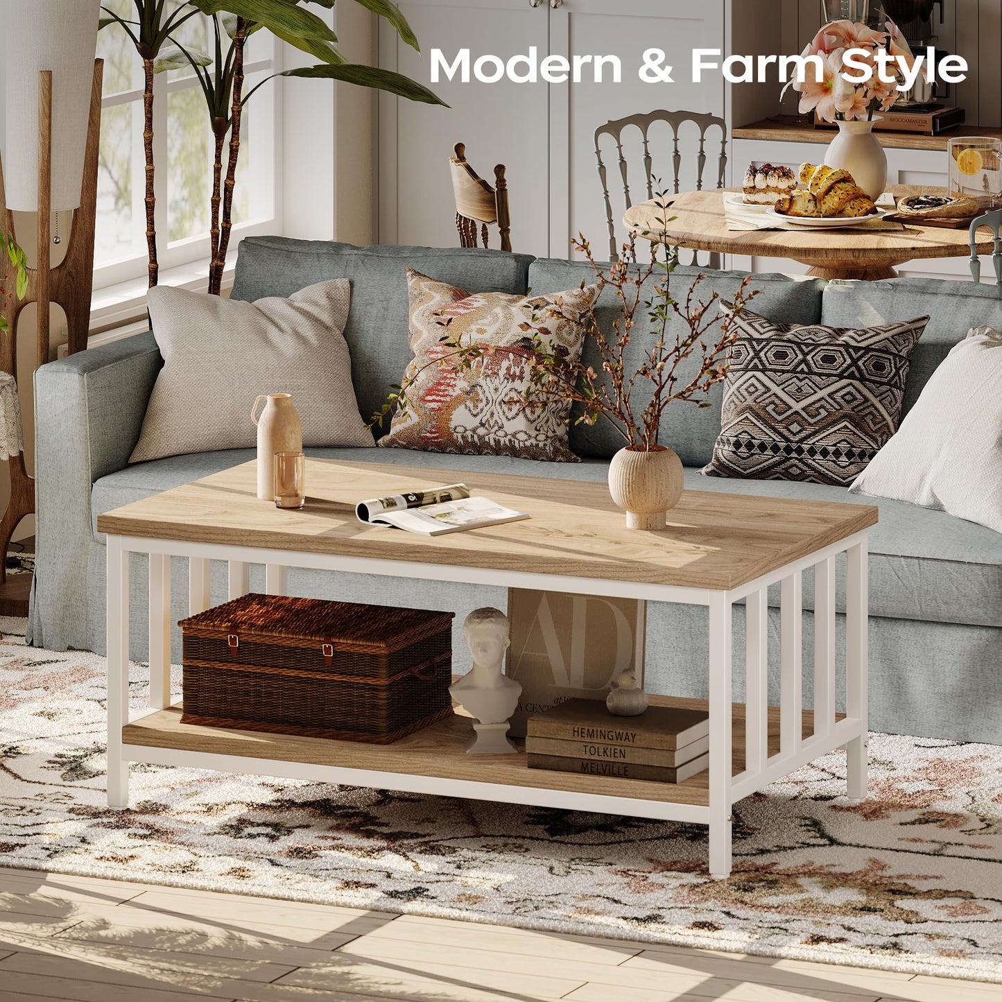 Modern Farmhouse Coffee Table with Slatted Frame, 2-Tier Storage Shelf for Living Room or Office, 39 Inch Light Coffee