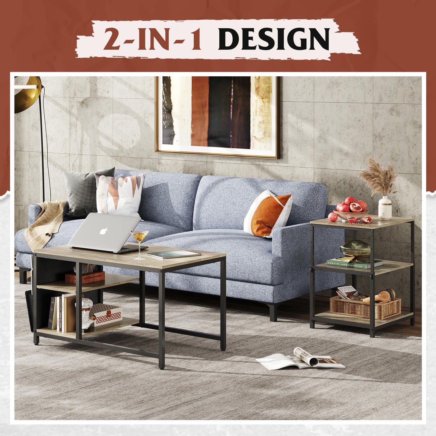 WLIVE Adjustable Coffee Table Set of 2 – Small End Tables for Living Room or Bedroom, Grey