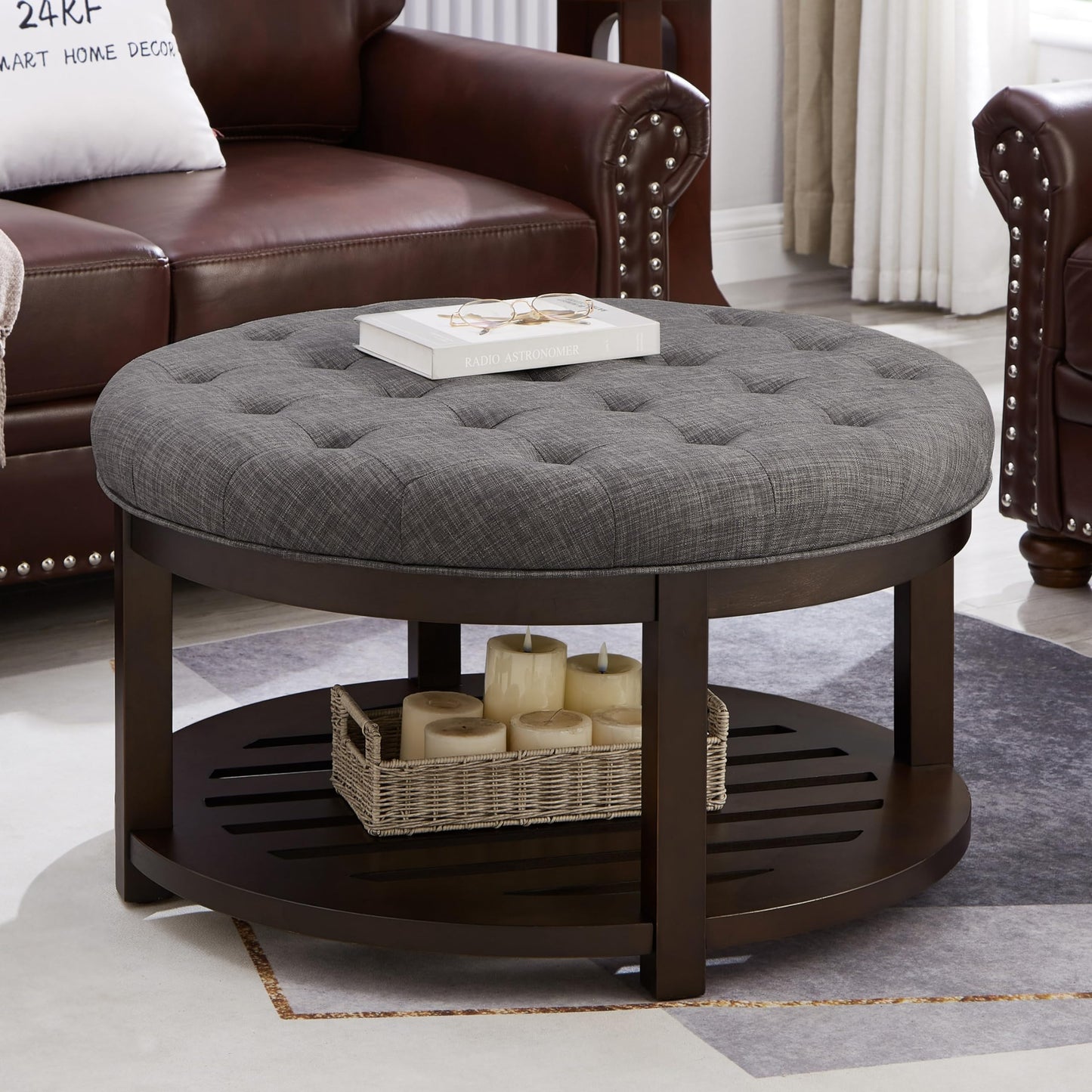 24KF Large Round Upholstered Tufted Linen Ottoman Coffee Table with Wooden Storage Shelf, Large Footrest Ottoman for Living Room, Dark Gray
