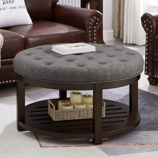 24KF Large Round Upholstered Tufted Linen Ottoman Coffee Table with Wooden Storage Shelf, Large Footrest Ottoman for Living Room, Dark Gray