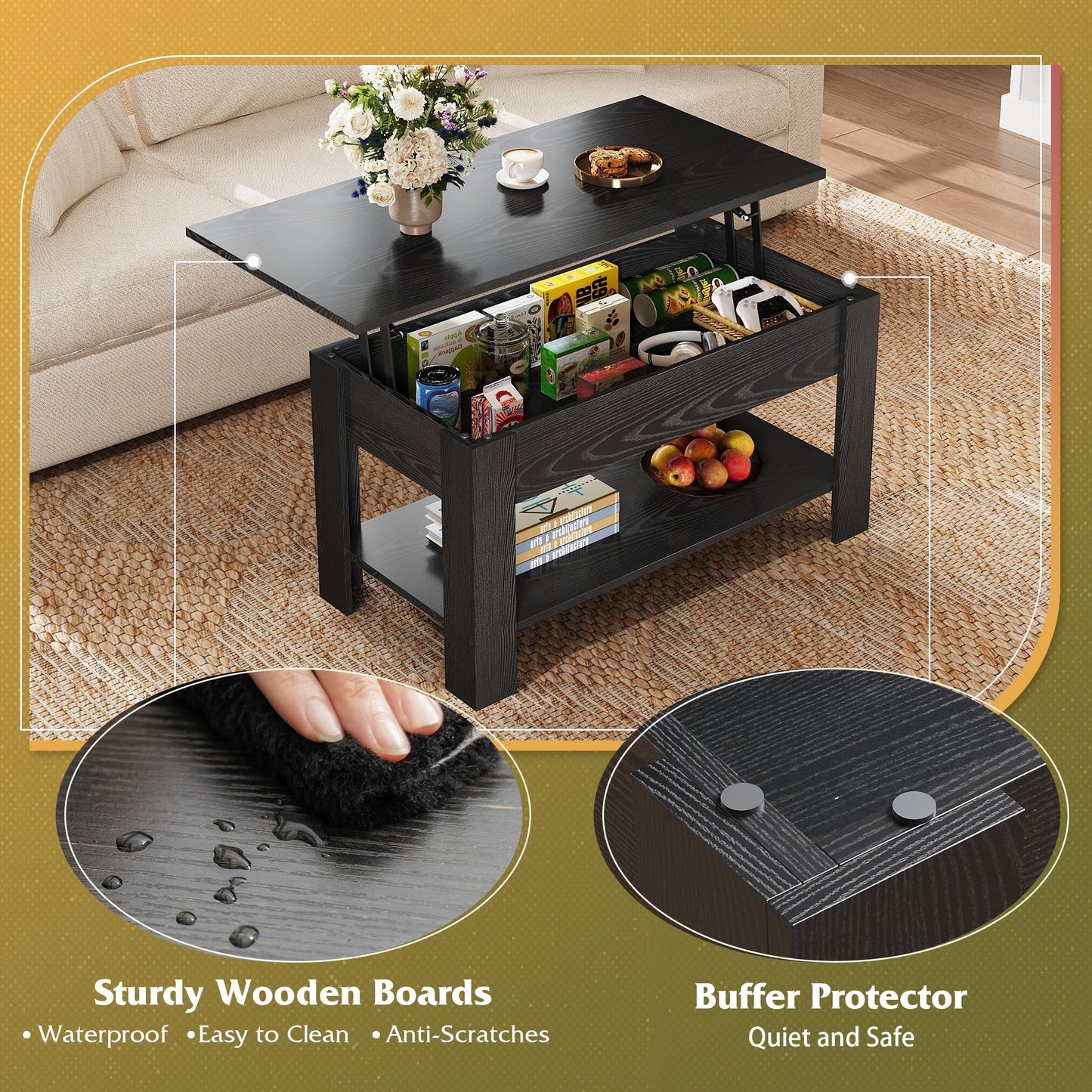 39" Lift Top Coffee Table with Hidden Compartment and Storage Shelf for Living Room or Office, Black Oak