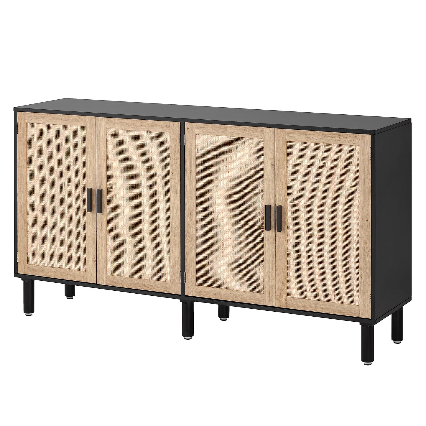 4-Door Sideboard Buffet Cabinet with Rattan Doors, Boho Kitchen Storage Console Table and Liquor Bar Cabinet, 62.3" x 15.7" x 34.6", Black