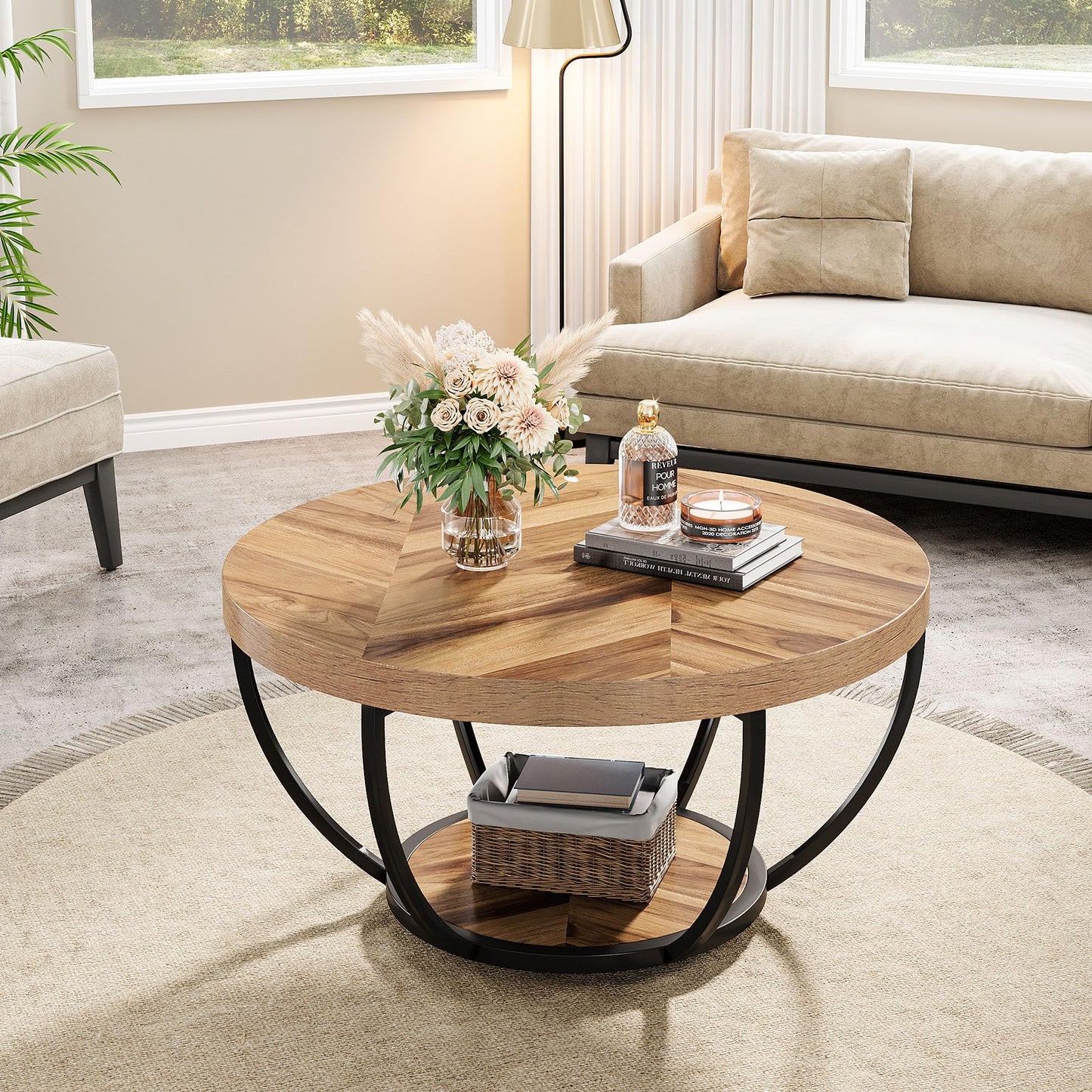 Tribesigns 31.7" Round Industrial Coffee Table, 2-Tier Wood and Black Metal Accent Center Table with Storage Shelves for Living Room or Home Office, Easy Assembly