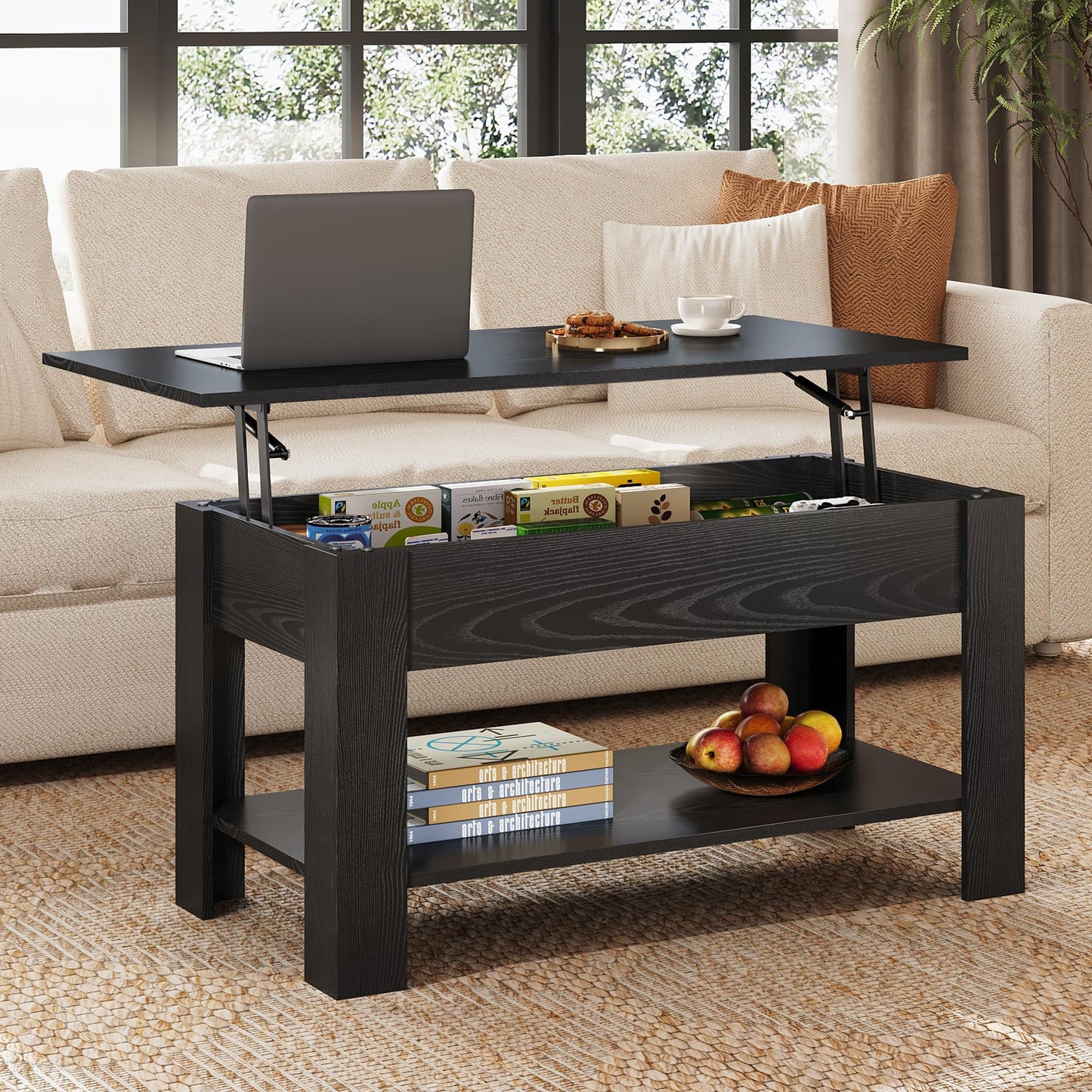 39" Lift Top Coffee Table with Hidden Compartment and Storage Shelf for Living Room or Office, Black Oak