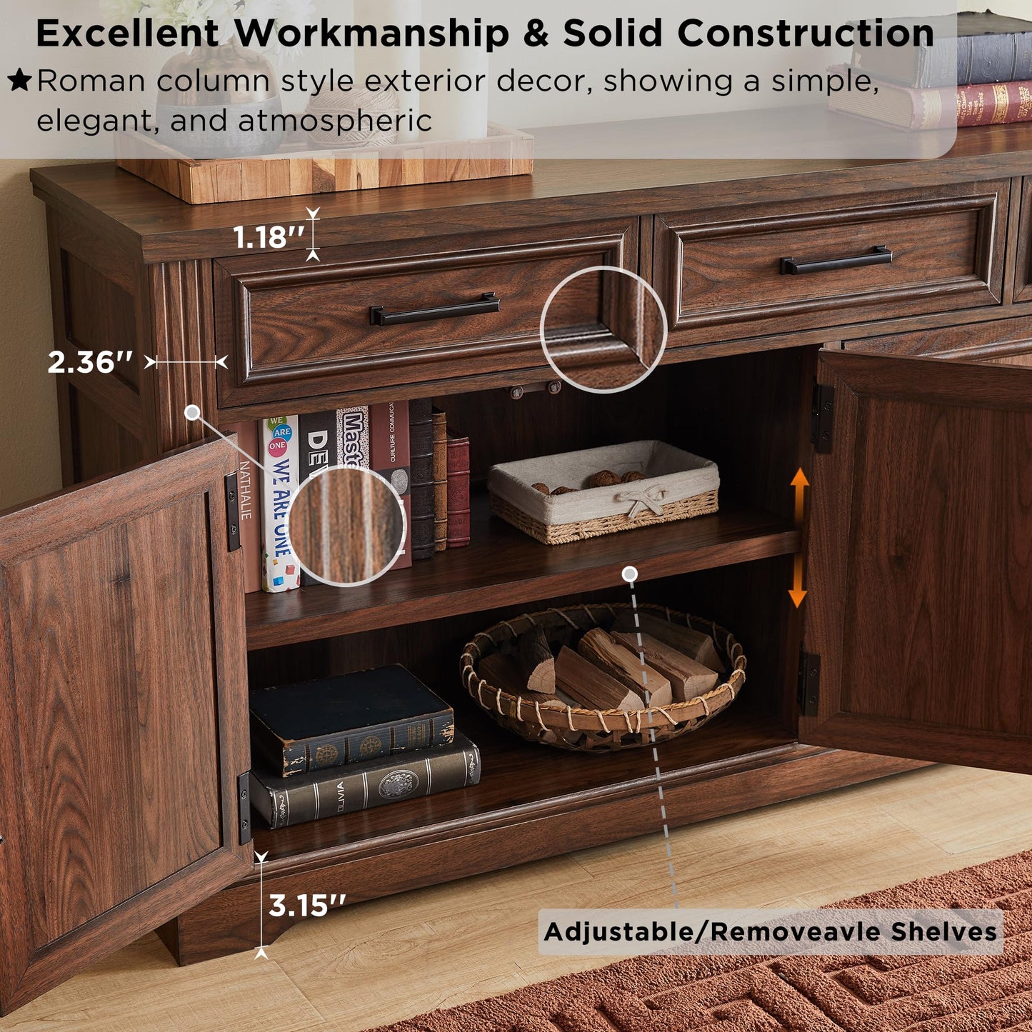 **66" Large Buffet Sideboard Cabinet with 4 Doors and 3 Drawers, Coffee Bar Wine Bar Storage Cabinet for Dining Room, Living Room, or Hallway, Dark Brown**